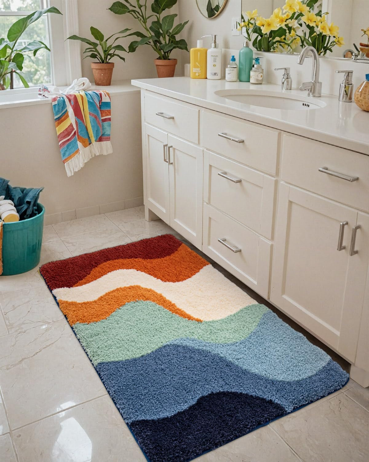 Bathroom Rug Washable, 17X30 Non Slip Bath Mat Absorbent, Soft Plush Microfiber Bathmat Quick Dry for Shower Floor, Colorful