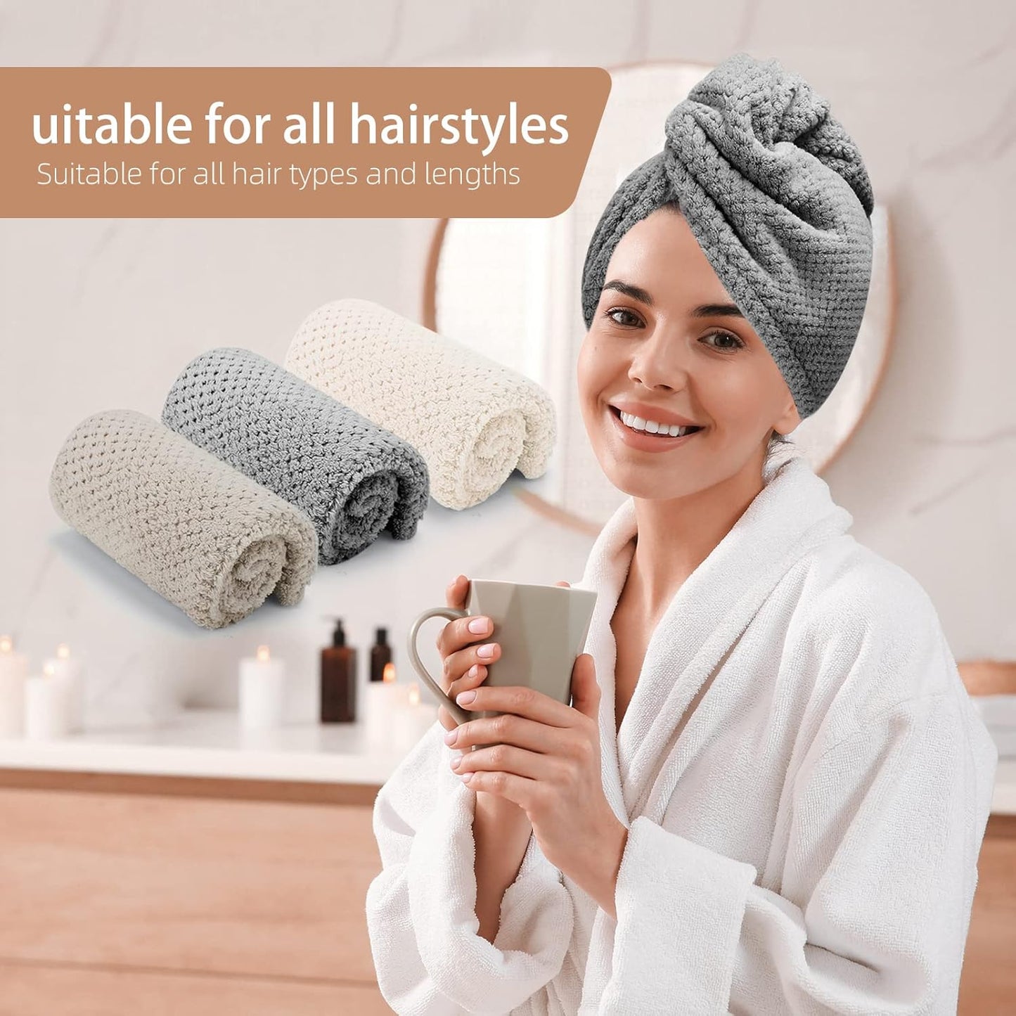 3 PCS Microfiber Hair Towel - Wraps for Wet Hair, anti Frizz Turbans, for Curly Hair (Beige, Khaki, Grey)
