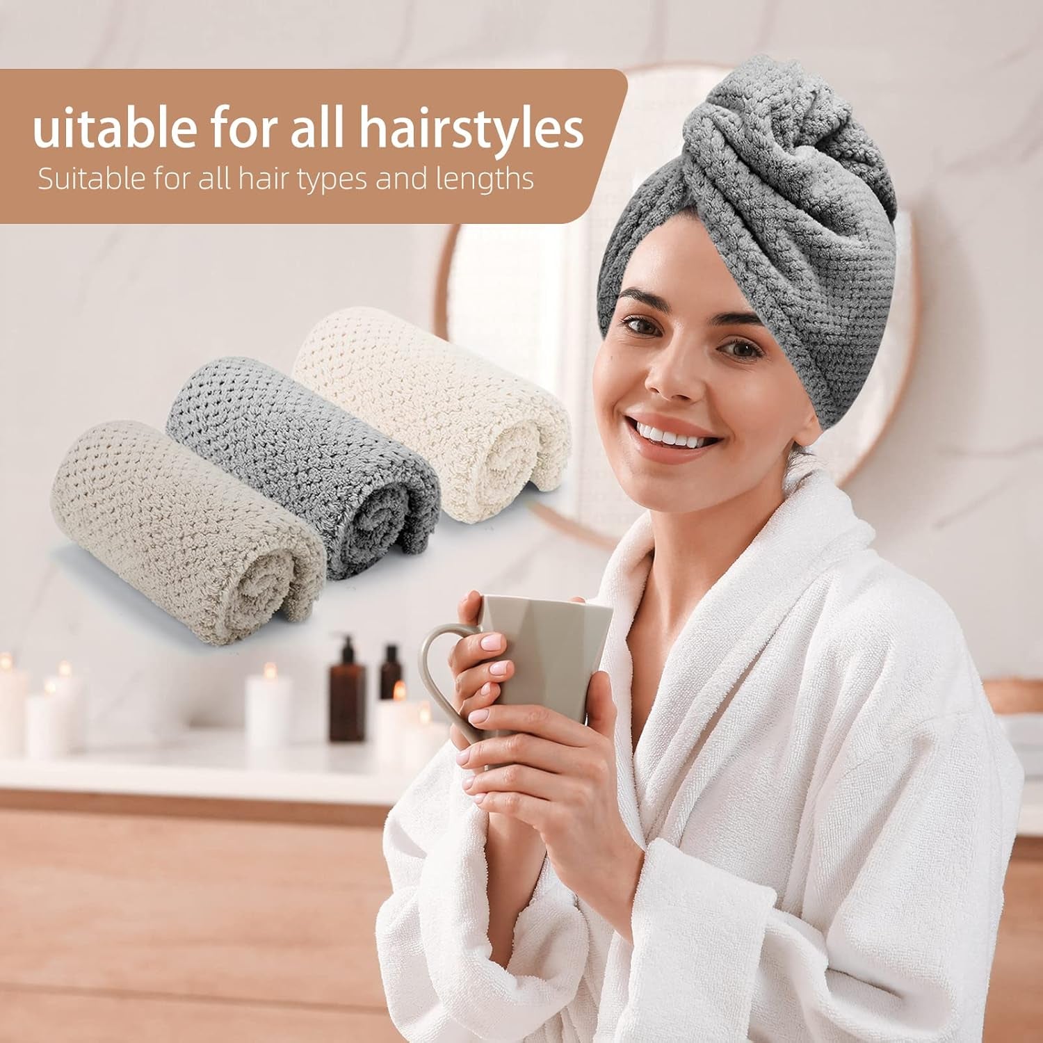 3 PCS Microfiber Hair Towel - Wraps for Wet Hair, anti Frizz Turbans, for Curly Hair (Beige, Khaki, Grey)