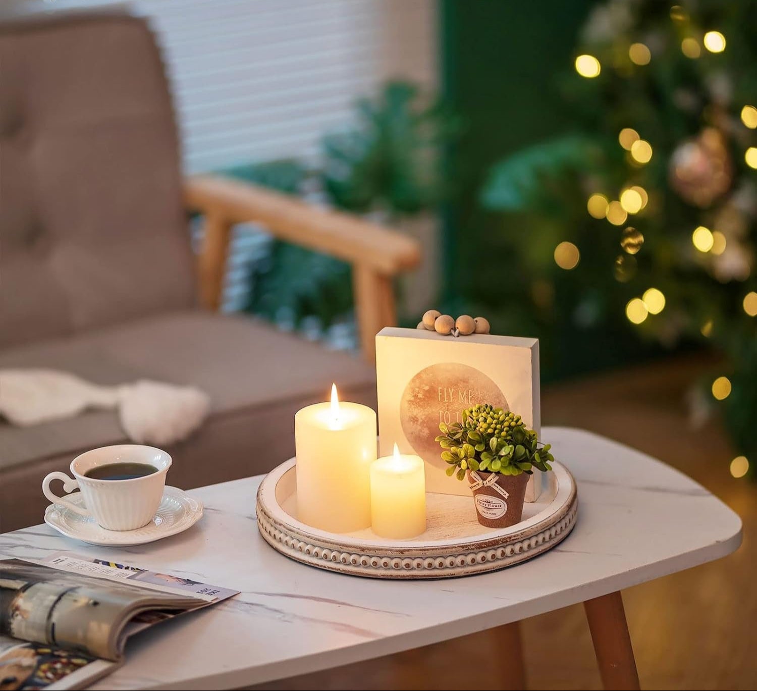 Decorative Serving Tray Wood: White Washed Bead round Tray Decor for Coffee Table Rustic Wooden Trays Farmhouse Centerpiece for Living Room Kitchen Counter