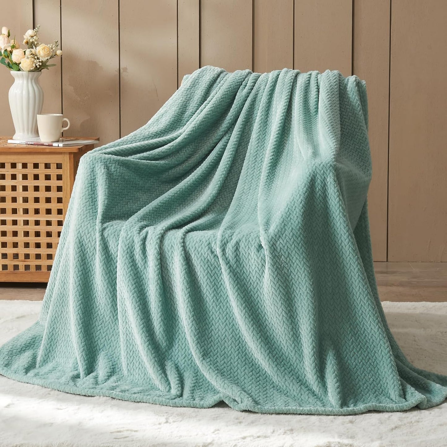 Super Soft Throw Blanket Sage Green Premium Silky Flannel Fleece Leaves Pattern Lightweight Bed Blanket All Season Use (Sage Green, Throw(50"X60"))