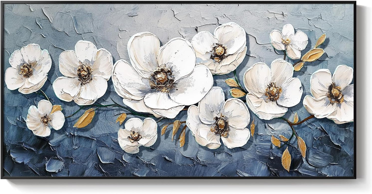 Extra Large Framed Floral Wall Art for Living Room, Colorful Bright Orange and White Flowers Canvas Artwork for Walls, Contemporary Blossom Watercolor Painting Picture Prints for Bedrooom Hallway 30X60 Inch