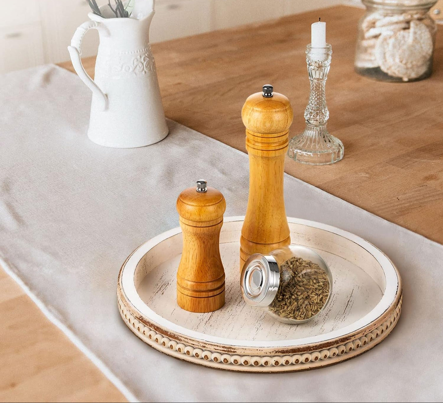 Decorative Serving Tray Wood: White Washed Bead round Tray Decor for Coffee Table Rustic Wooden Trays Farmhouse Centerpiece for Living Room Kitchen Counter