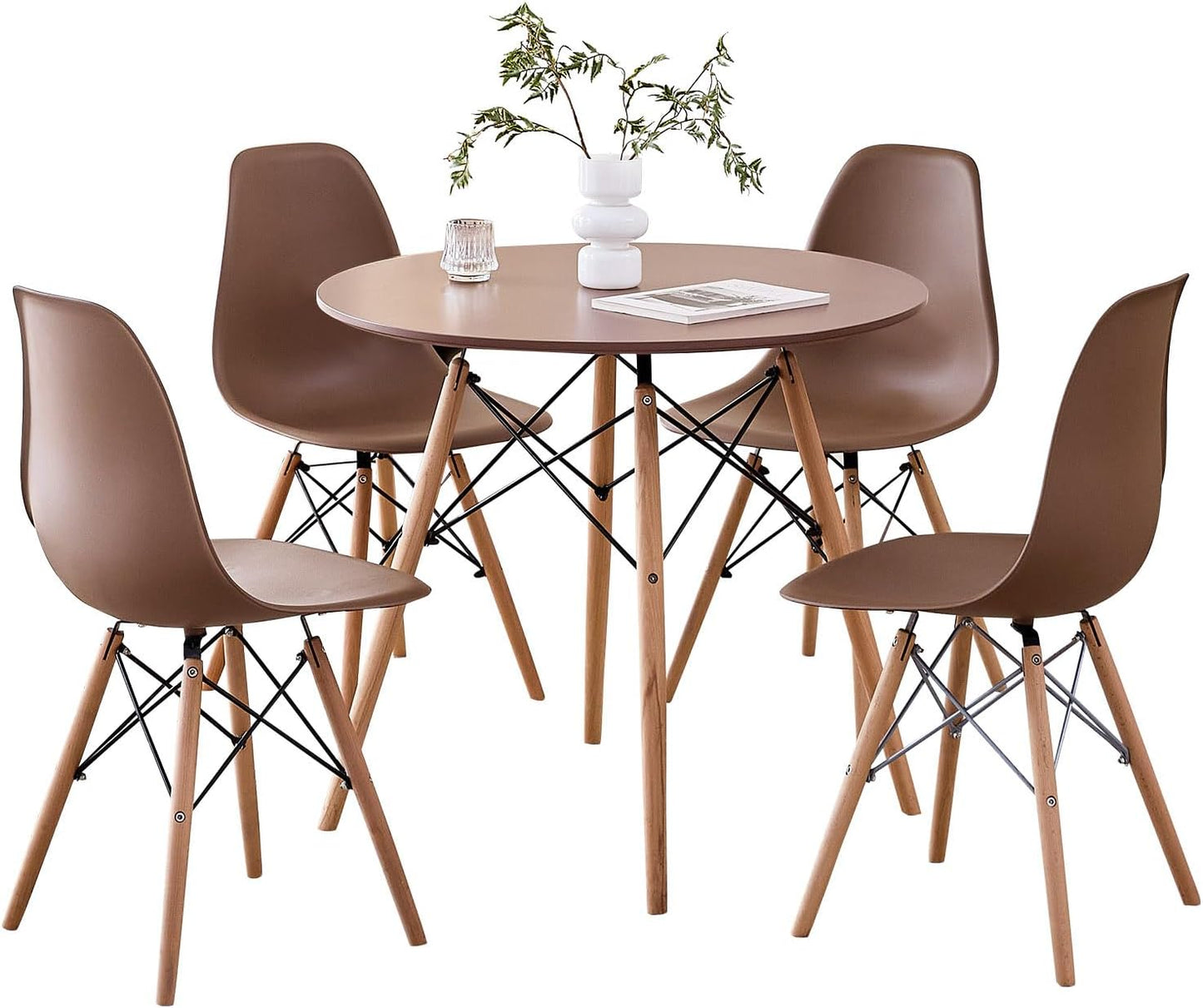 5-Piece round Dining Table Set, Small 31.5" Kitchen Table Chairs Set of 4 Space Saving Furniture, Plastic Seats, Solid Wood Legs, for Living Room Apartment Office Home, Green