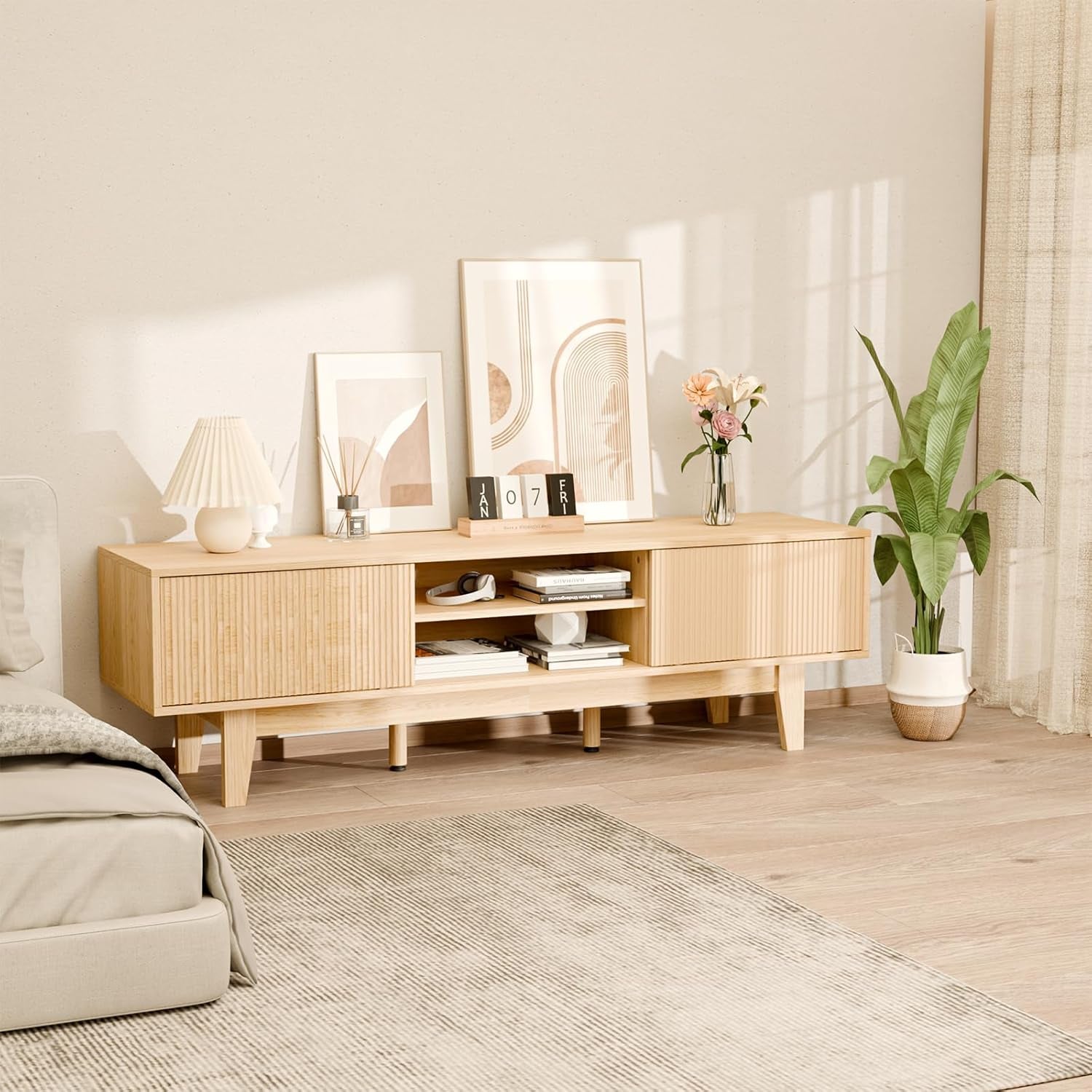 59" Mid-Century Modern TV Stand with Fluted Sliding Doors - Solid Wood Entertainment Center for 55/60/65 Inch TV, Adjustable Shelves, Boho Farmhouse Media Console for Living Room, Bedroom & Office.Oak