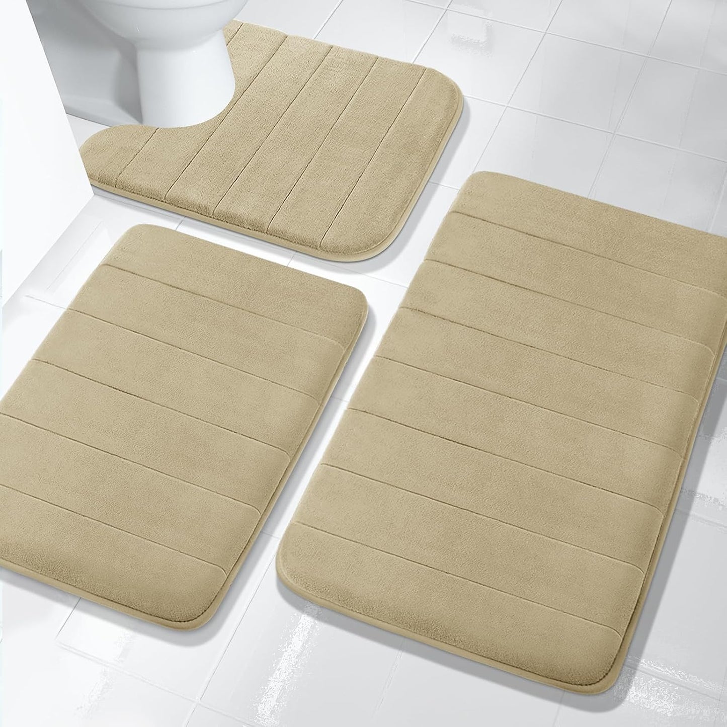 3 Pieces Memory Foam Bath Mat Set with U-Shaped Toilet Rug - Non Slip Super Soft Absorbent Quick Dry Bathroom Rugs for Bathtub, Vanity & Toilet Base, Beige