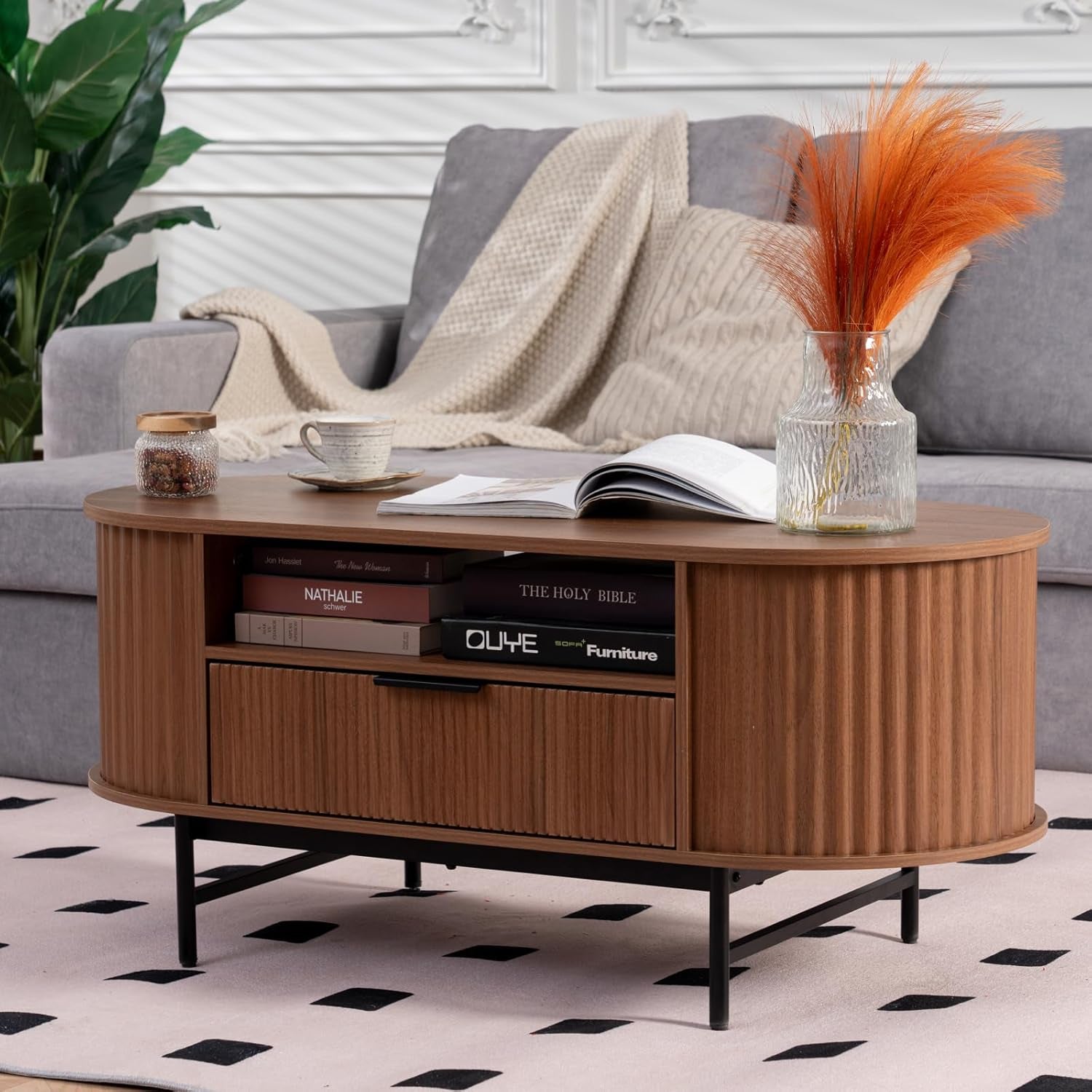 Modern Fluted Coffee Table, 42'' Oval Coffee Table with Drawer, Curved Wooden Center Table with Black Metal Legs for Living Room, Walnut