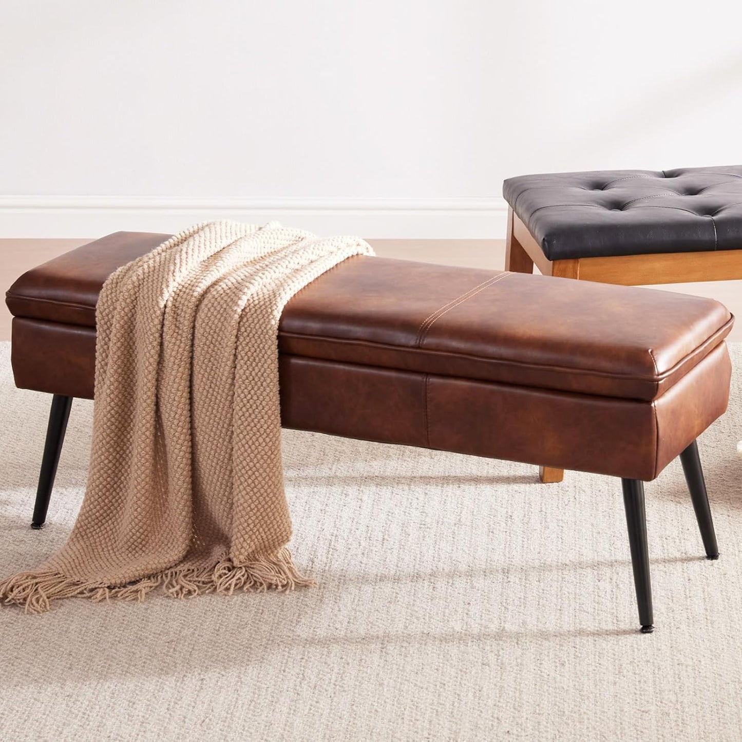 Storage Ottoman Upholstered Stool with Padded Seat, Tufted Vanity Stool with Metal Legs, Accent Stool, Faux Leather, Cognac Brown