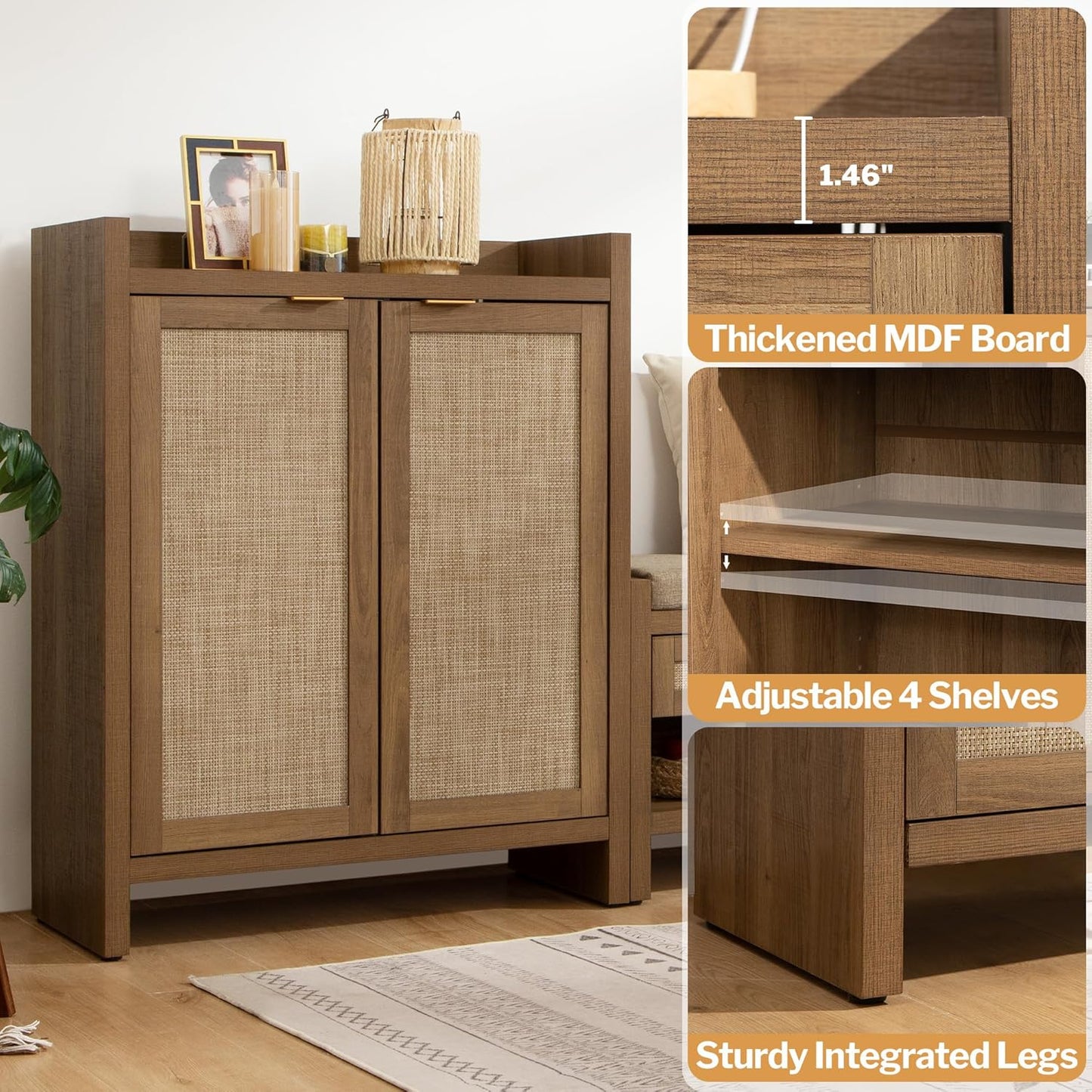 Shoe Cabinet, 24 Pair Shoe Storage Organizer Cabinet, 41" Tall Rattan Shoe Cabinet with Doors and Shelves, 6-Tier Farmhouse Boho Wooden Storage Cabinet for Entryway Hallway Closet
