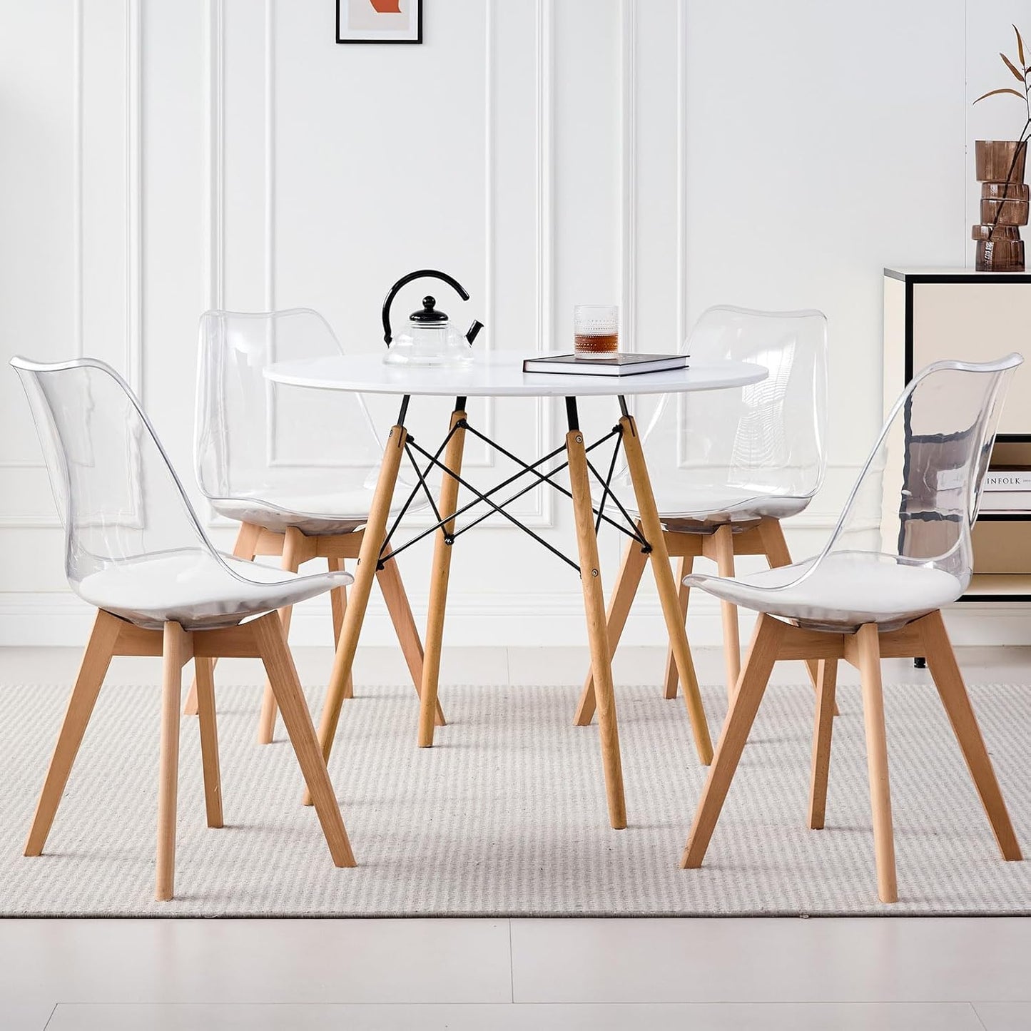 5-Piece round Dining Table Set, Small 31.5" Kitchen Table Chairs Set of 4 Space Saving Furniture, Plastic Seats, Solid Wood Legs, for Living Room Apartment Office Home, Green
