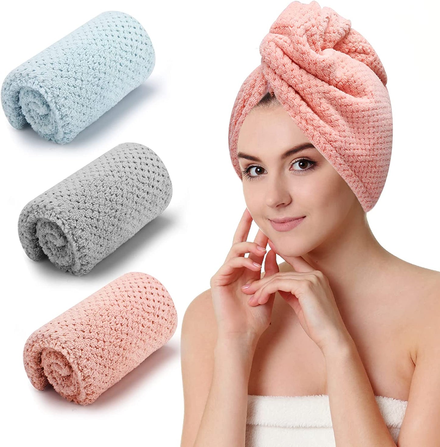 3 PCS Microfiber Hair Towel - Wraps for Wet Hair, anti Frizz Turbans, for Curly Hair (Beige, Khaki, Grey)