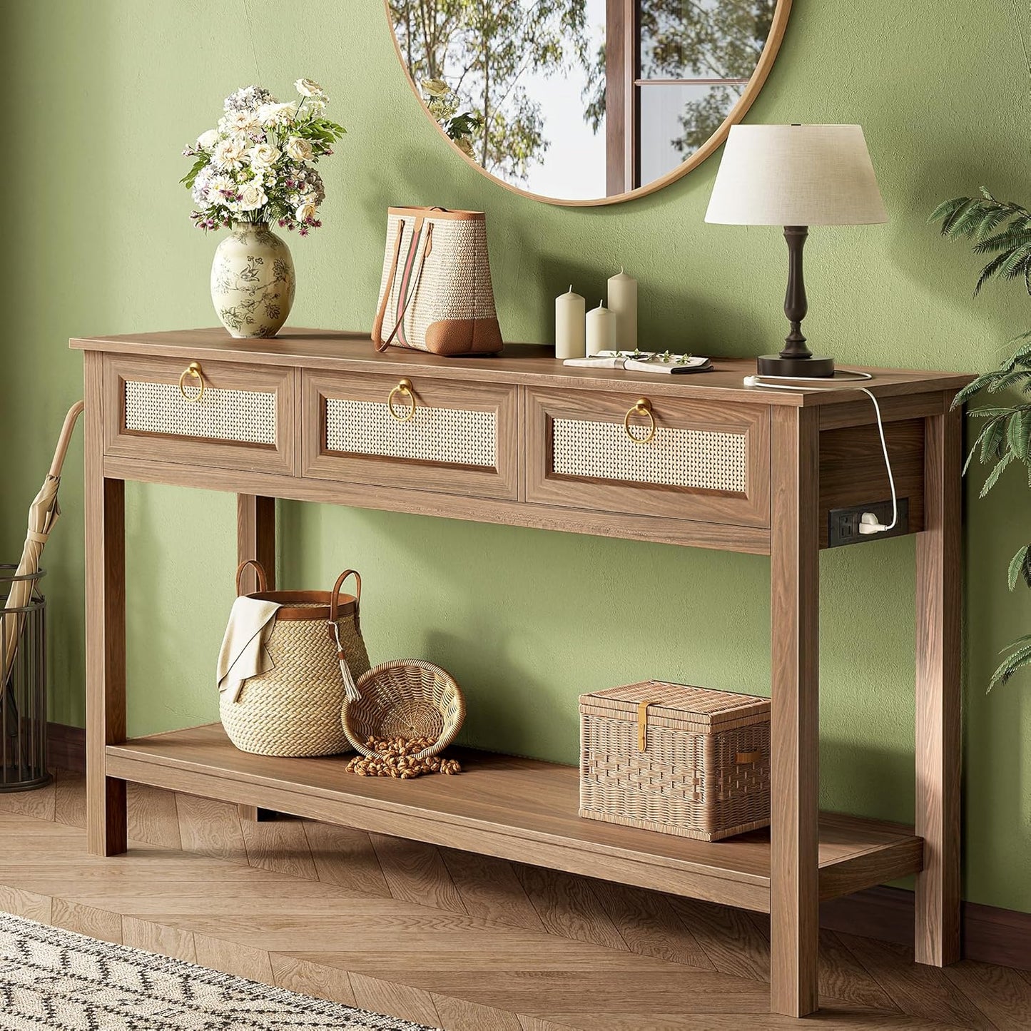 Rattan Console Sofa Table with Outlets and USB-C Port, 3 Drawer Entryway Table with Synthetic Rattan Surface, Open Shelf, behind Couch Entry Foyer Hallway Storage, Natural
