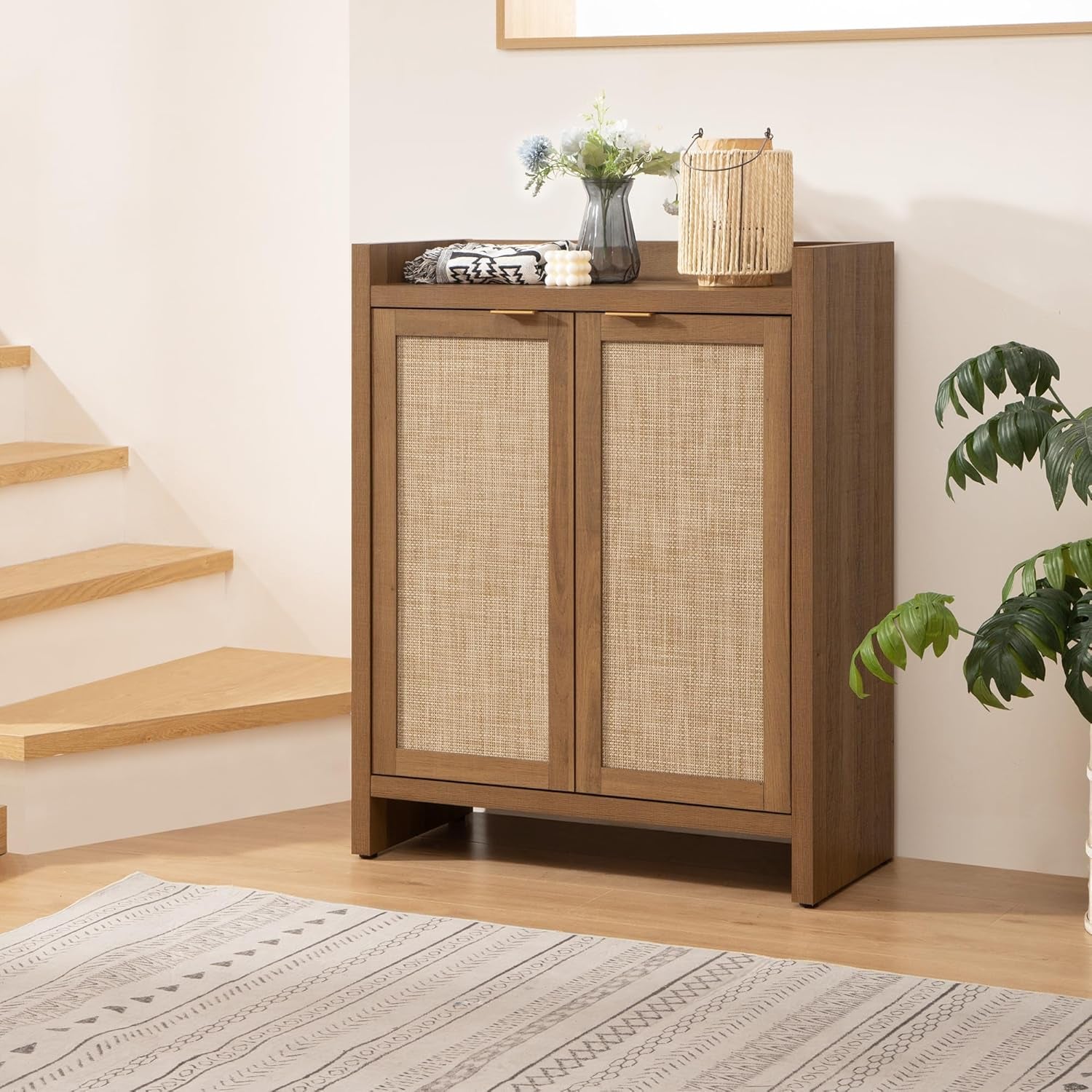 Shoe Cabinet, 24 Pair Shoe Storage Organizer Cabinet, 41" Tall Rattan Shoe Cabinet with Doors and Shelves, 6-Tier Farmhouse Boho Wooden Storage Cabinet for Entryway Hallway Closet