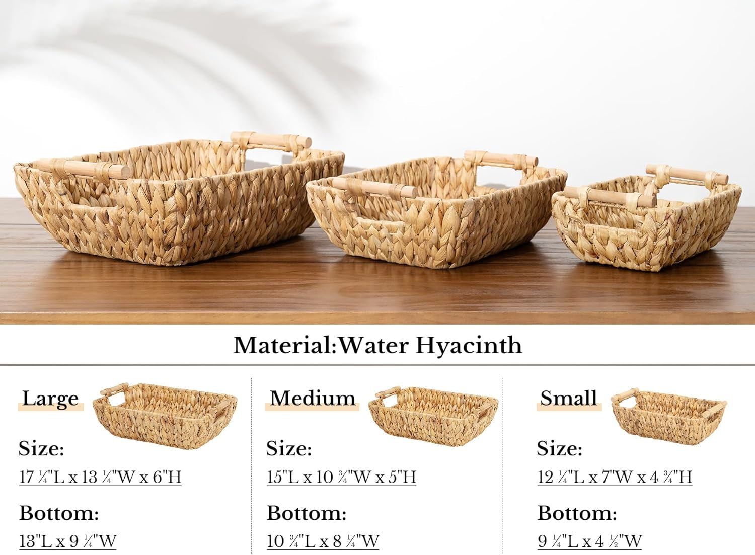 Hand-Woven Large Storage Baskets with Wooden Handles, Water Hyacinth Wicker Baskets for Organizing, 2-Pack
