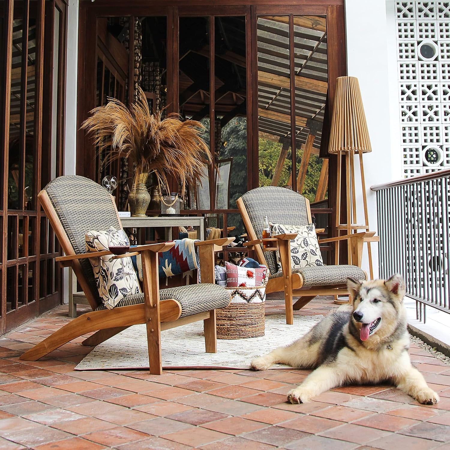 Auburn Padded Upholstered Outdoor Adirondack Chair, Teak Wood and All-Weather Wicker
