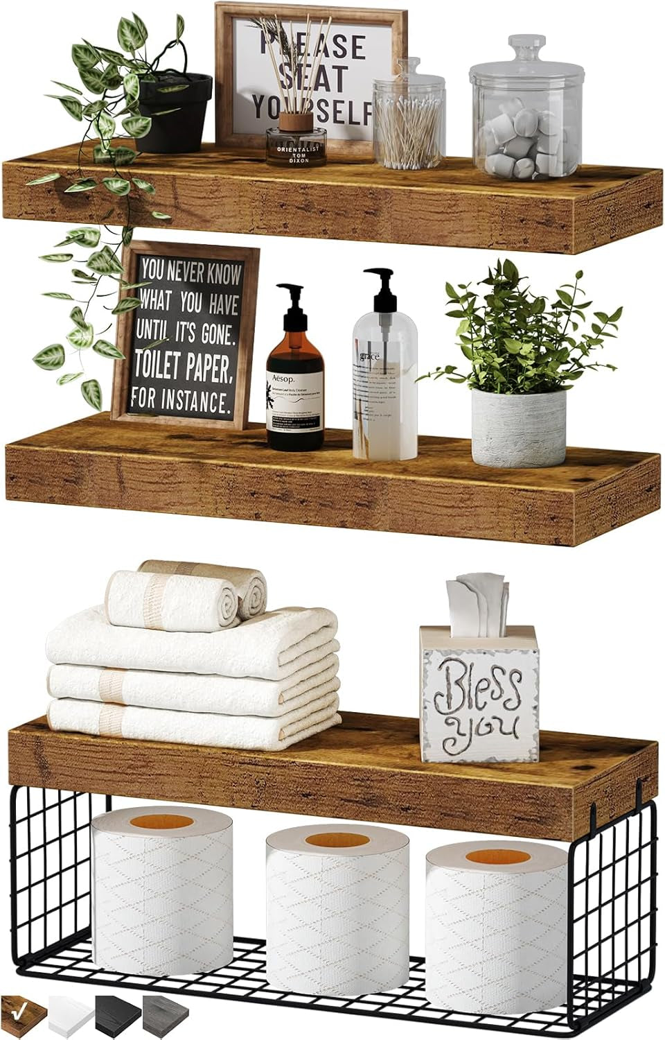 Bathroom Shelves over Toilet - Wall Mounted Floating Shelves Toilet Paper Storage Small Farmhouse Decor Shelf 16 Inch Set of 2, Rustic Brown (019-BN2)