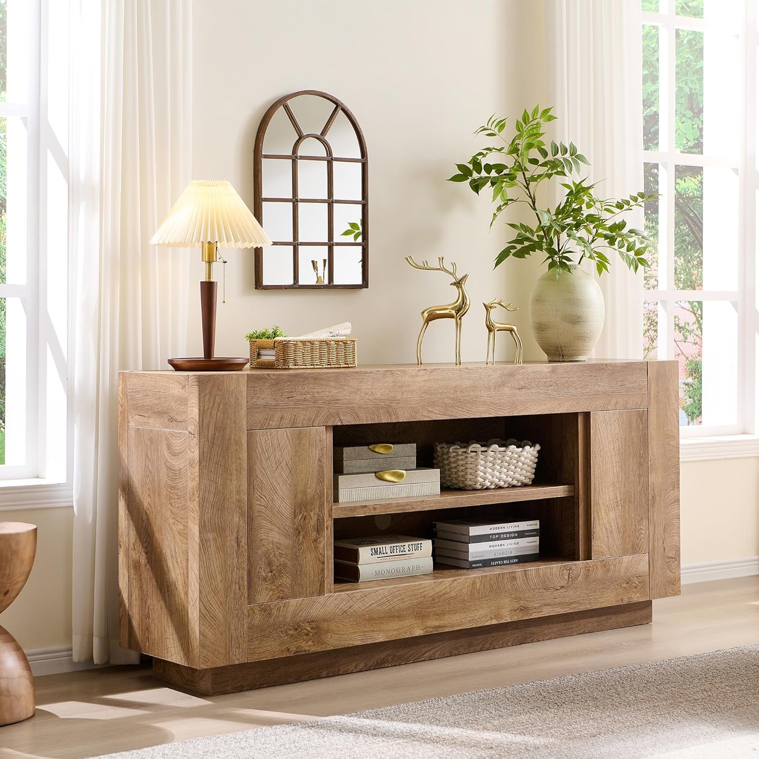 Modern 70" TV Stand, Entertainment Center for Tvs up to 80", Media Console with Large Open Storage & Side Cabinets, Thick Wood Design for Living Room, Light Knotty Oak