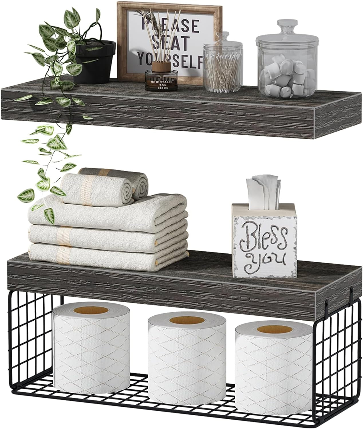 Bathroom Shelves over Toilet - Wall Mounted Floating Shelves Toilet Paper Storage Small Farmhouse Decor Shelf 16 Inch Set of 2, Rustic Brown (019-BN2)