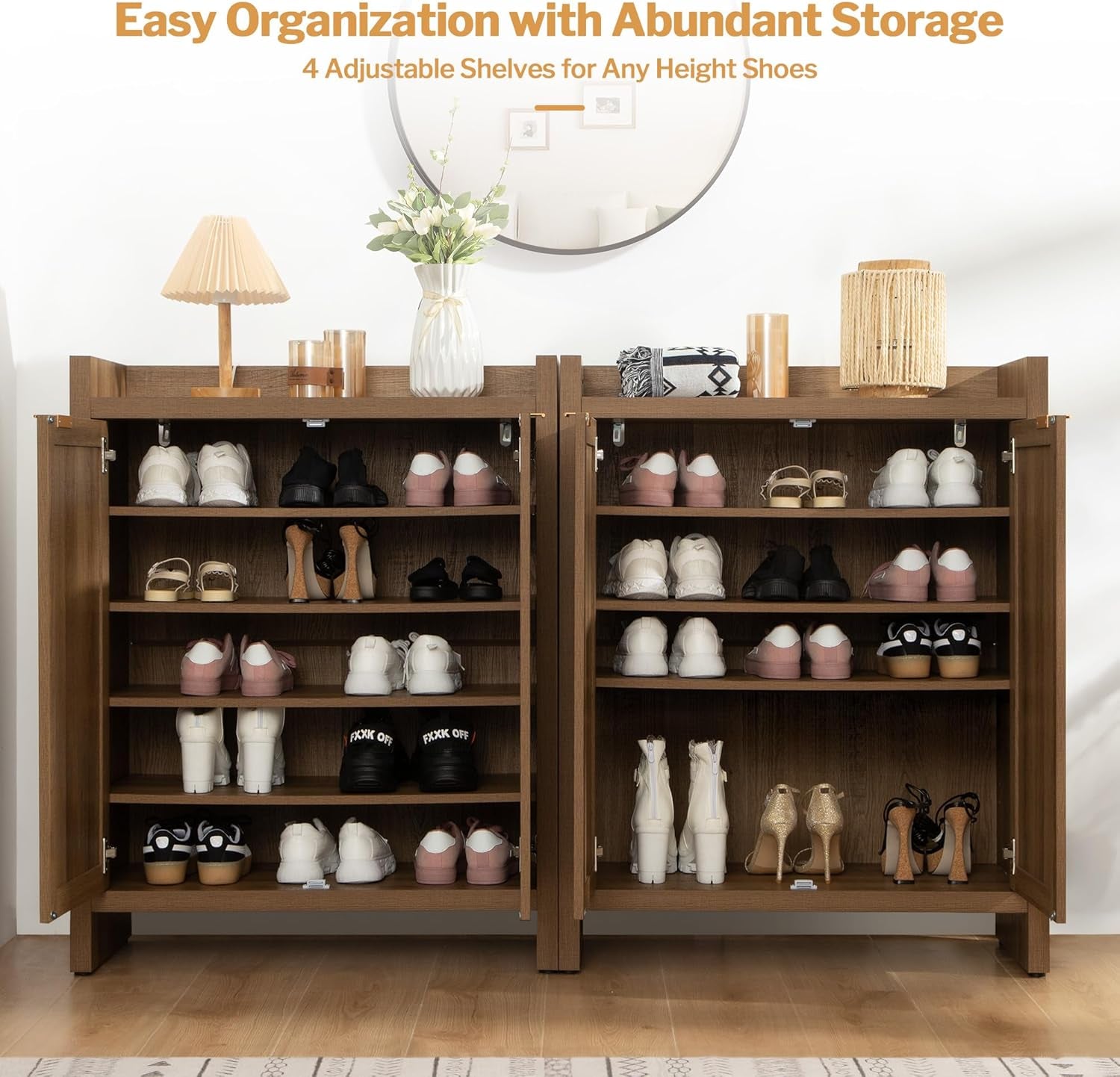 Shoe Cabinet, 24 Pair Shoe Storage Organizer Cabinet, 41" Tall Rattan Shoe Cabinet with Doors and Shelves, 6-Tier Farmhouse Boho Wooden Storage Cabinet for Entryway Hallway Closet
