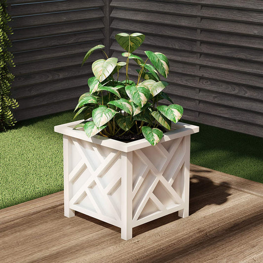 Lattice Design Outdoor Planter Box - 14.75” Square 13” Tall White Plant Pot - Decorative Plant Pots for Front Porch Decor - Flower Pots Outdoor Planters for Porch Patio or Garden Decor by