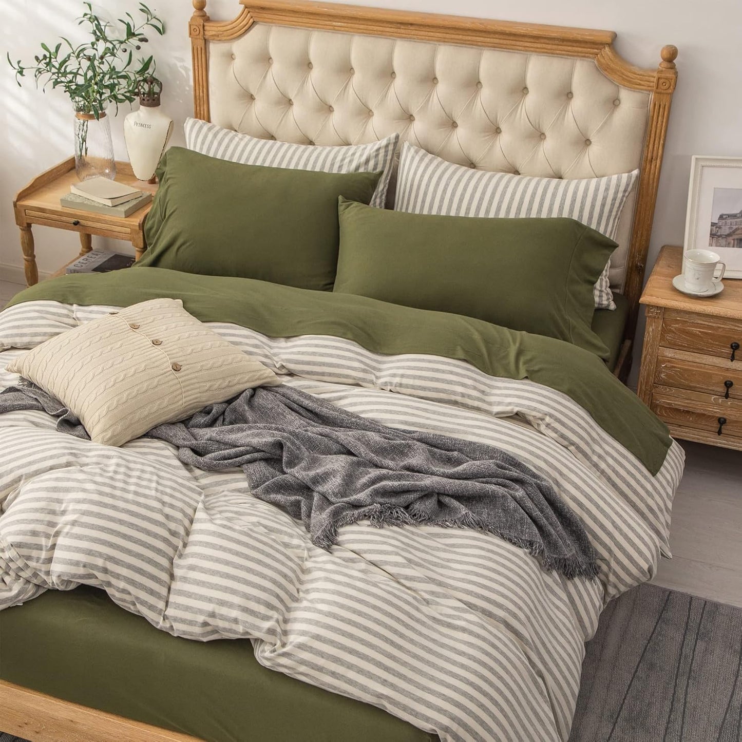 Jersey Knit 4Pc Bed Sheet Set 100% T-Shirt Heather Cotton Super Soft Comfy Breathable Fits Mattress up to 20" Extra Deep Pocket(Olive Green, King)