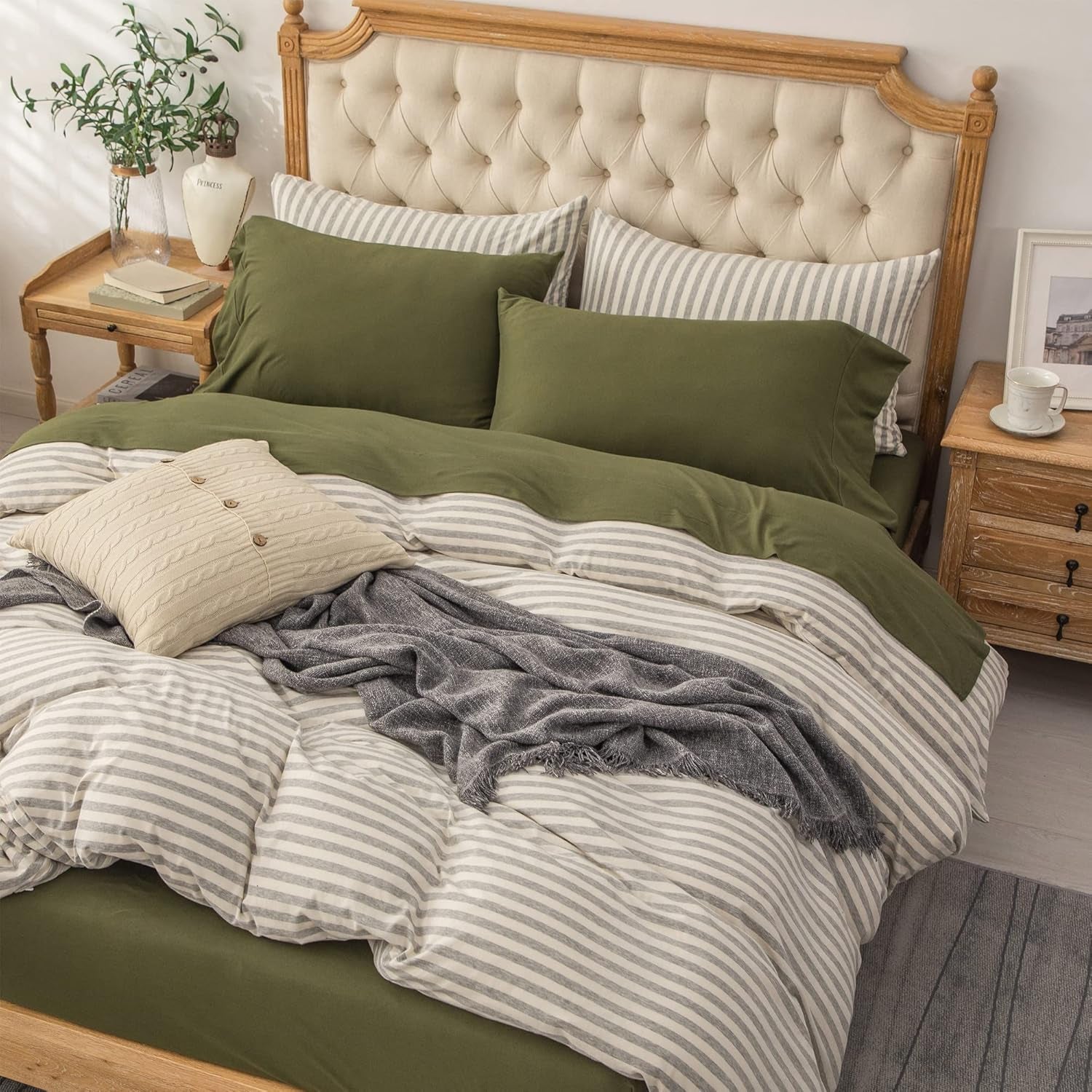Jersey Knit 4Pc Bed Sheet Set 100% T-Shirt Heather Cotton Super Soft Comfy Breathable Fits Mattress up to 20" Extra Deep Pocket(Olive Green, King)