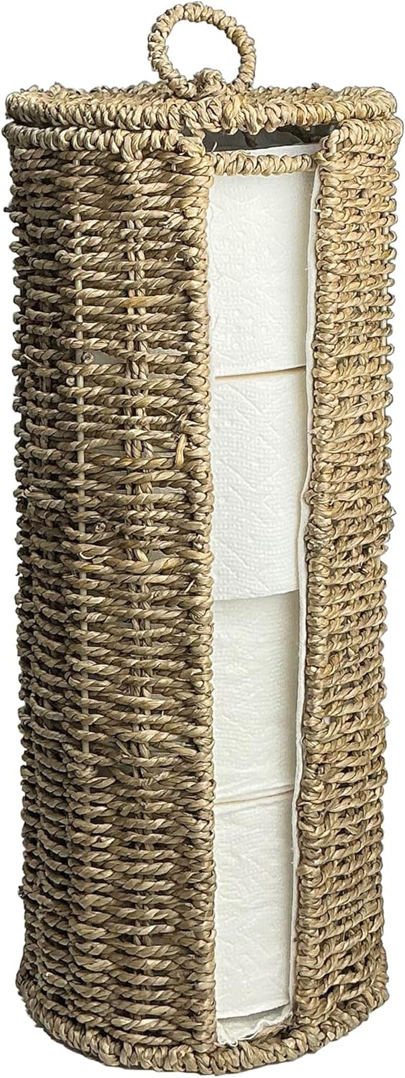 4 Mega Rolls Extra Toilet Paper Storage with Lid and Liner, Water Hyacinth Ratten Toilet Paper Holder Basket Stand, Decorative Boho Covered Enclosed Toilet Tissue Organizer for Bathroom