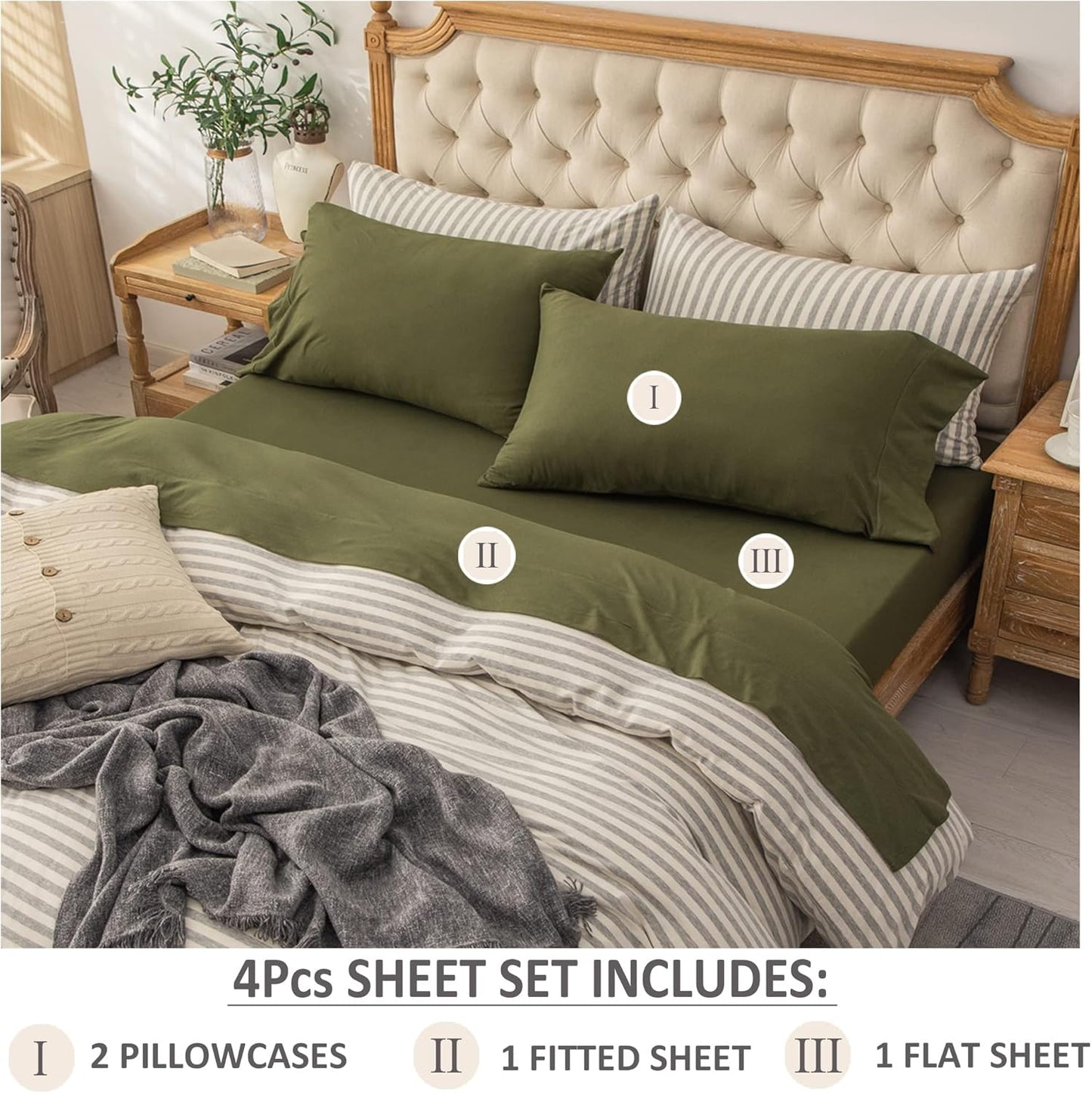 Jersey Knit 4Pc Bed Sheet Set 100% T-Shirt Heather Cotton Super Soft Comfy Breathable Fits Mattress up to 20" Extra Deep Pocket(Olive Green, King)