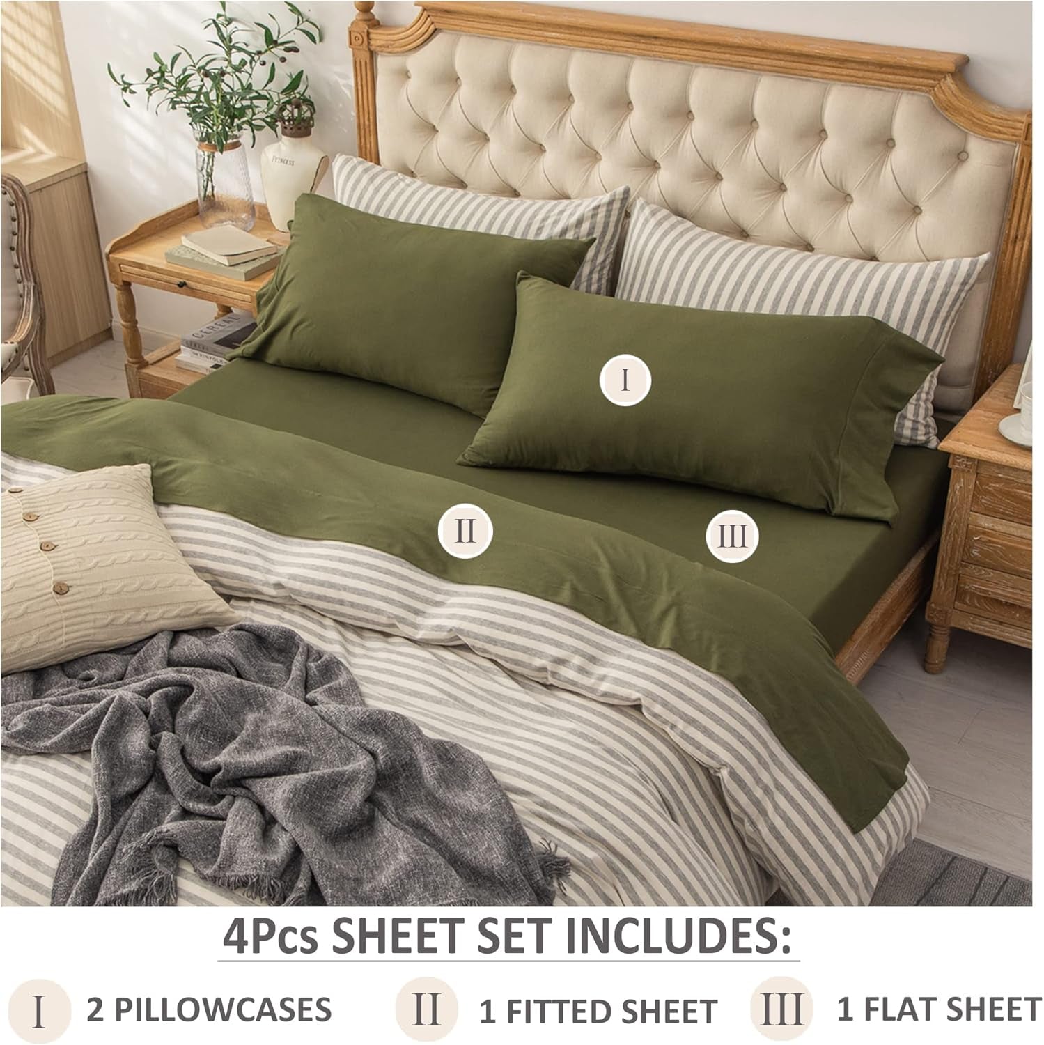 Jersey Knit 4Pc Bed Sheet Set 100% T-Shirt Heather Cotton Super Soft Comfy Breathable Fits Mattress up to 20" Extra Deep Pocket(Olive Green, King)