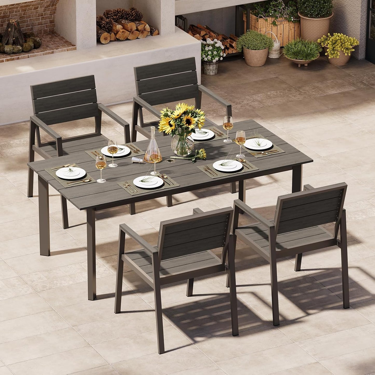 Outdoor Dining Set for 6, Patio Table and Chairs Set with Umbrella Hole, 7 Pieces HDPS Outdoor Furniture Sets for Patio, Garden, Backyard (Gray & Teak)