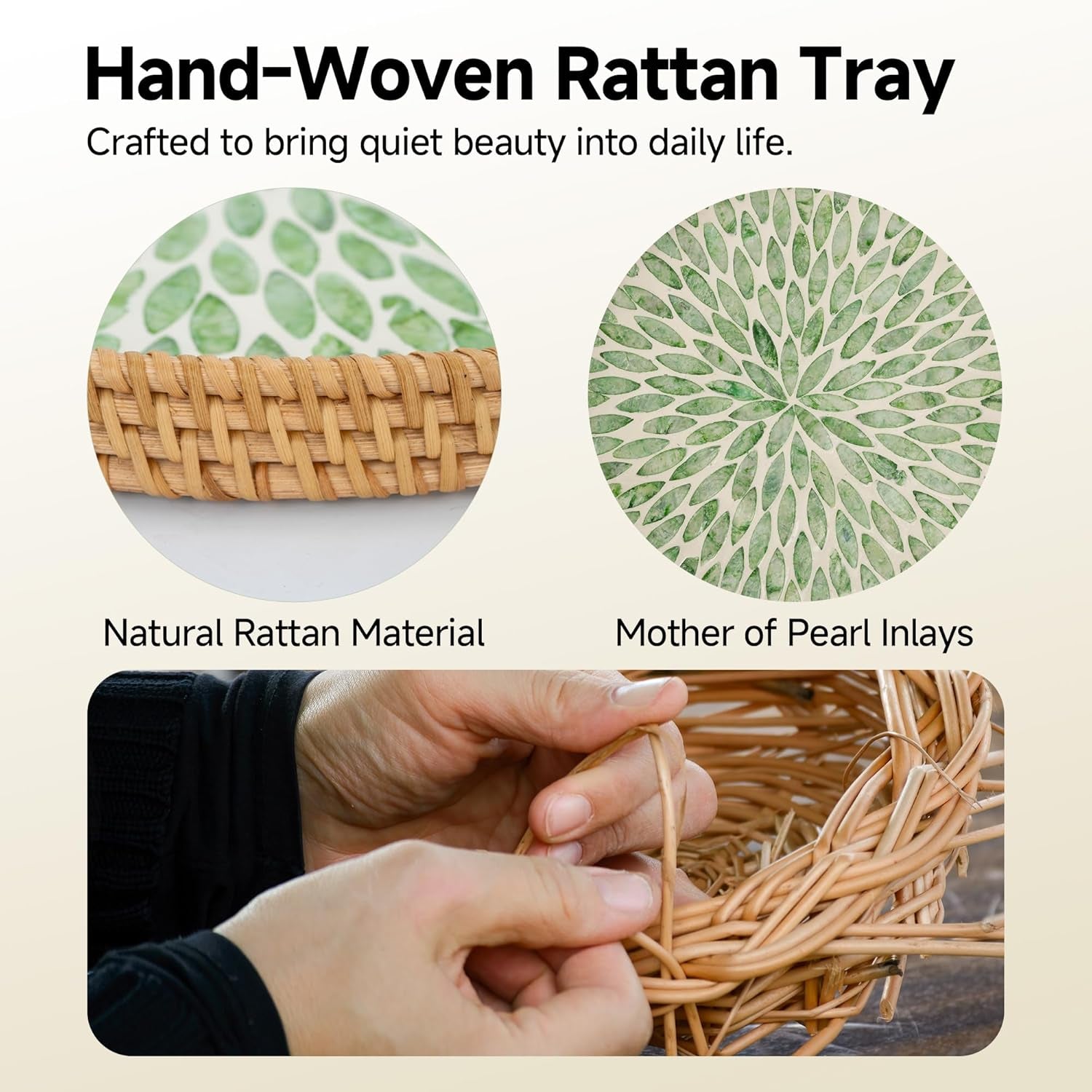 Decorative Coffee Table Trays for Home Decor, round Rattan Tray with Mother of Pearl Inlay, Small Wicker Woven Serving Tray Decor for Kitchen Counter, Living Room and Ottoman, Green