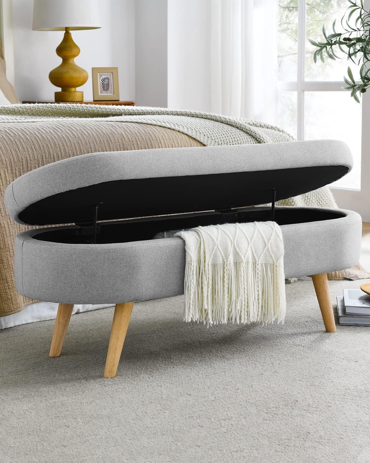 Oval Storage Bench 43.5" Linen Fabric Upholstered Entryway Bench with Solid Wood Legs Ottoman Bench Indoor Bench for Living Room/Bedroom/End of Bed/Entryway (Beige)