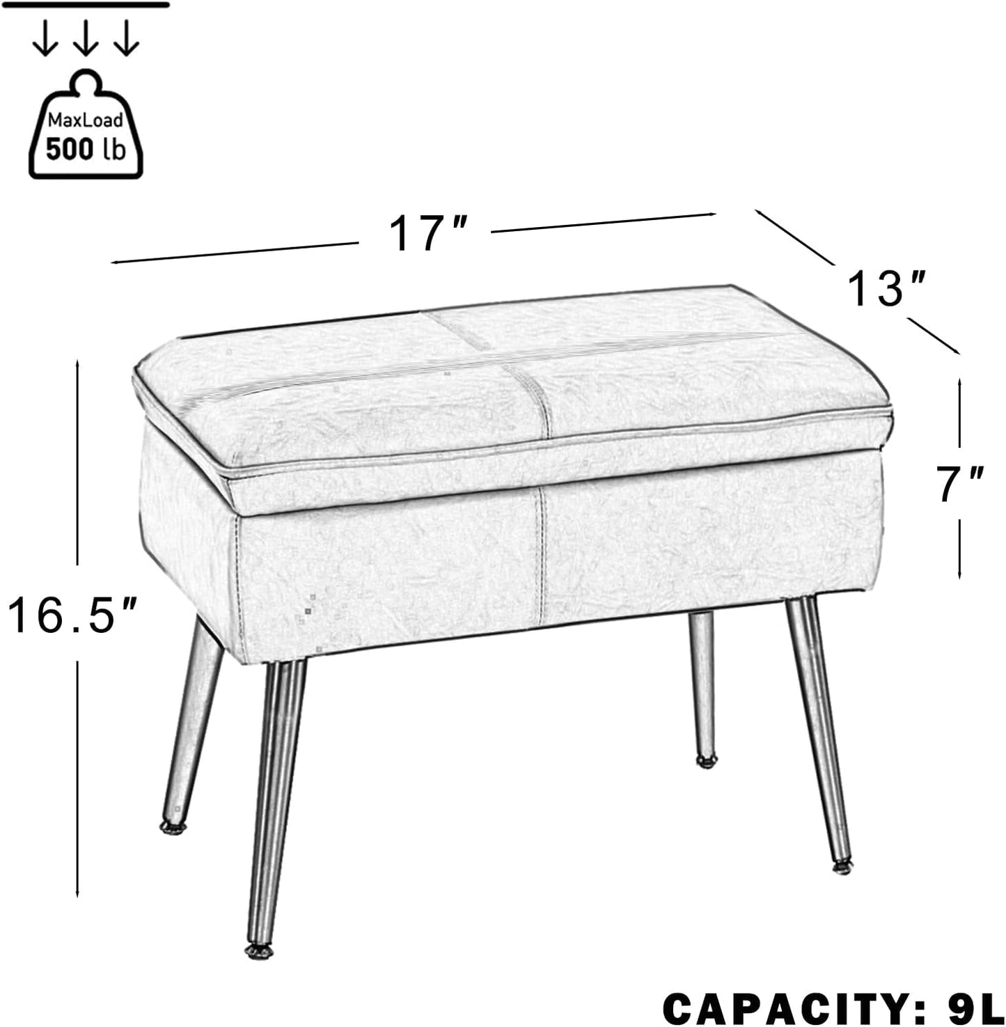 Storage Ottoman Upholstered Stool with Padded Seat, Tufted Vanity Stool with Metal Legs, Accent Stool, Faux Leather, Cognac Brown