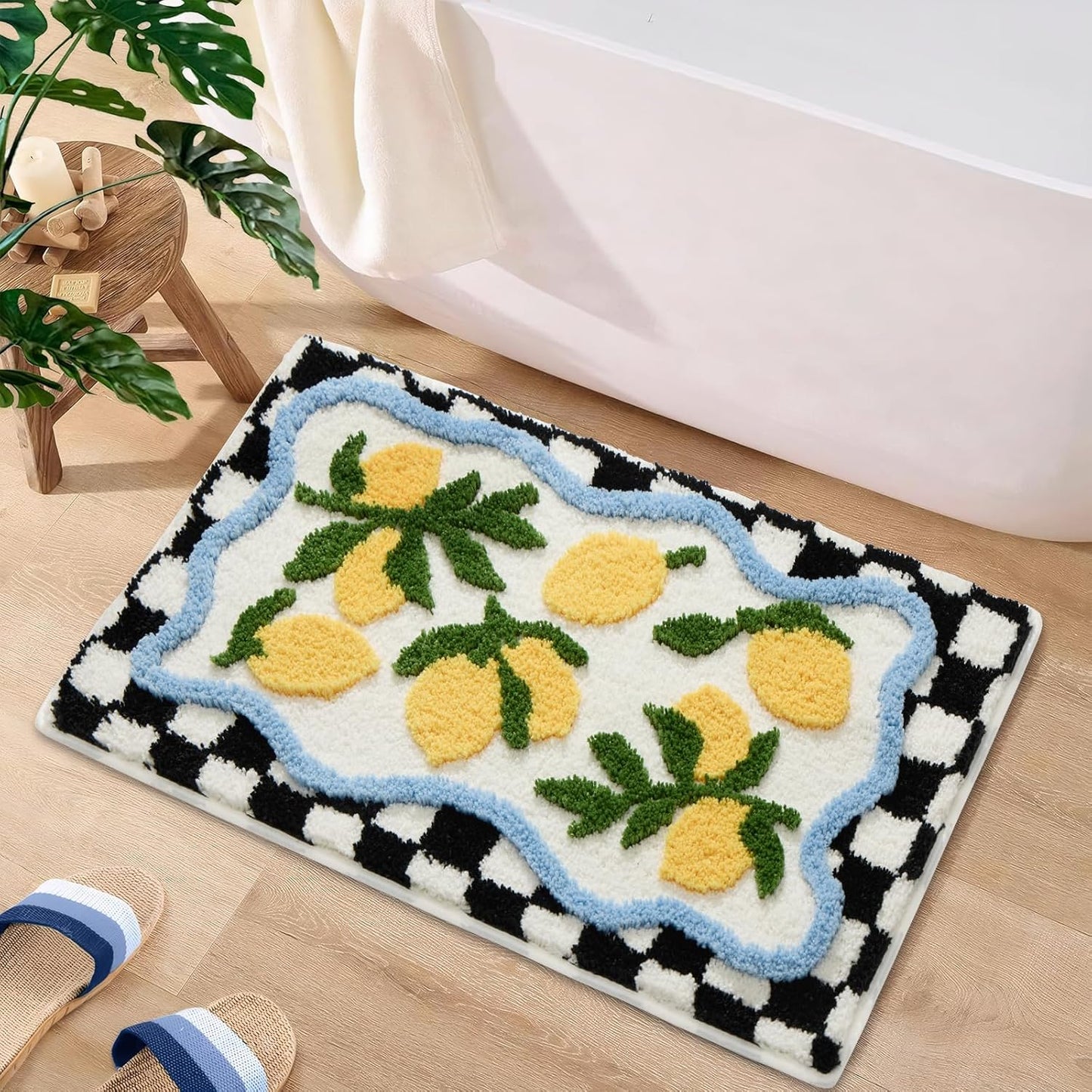 Checkered Lemon Bath Rug for Bathroom, Cute Bathroom Mat Non Slip Soft Microfiber Absorbent Washable Rug for Laundry Home Decor, 20X32 Inch