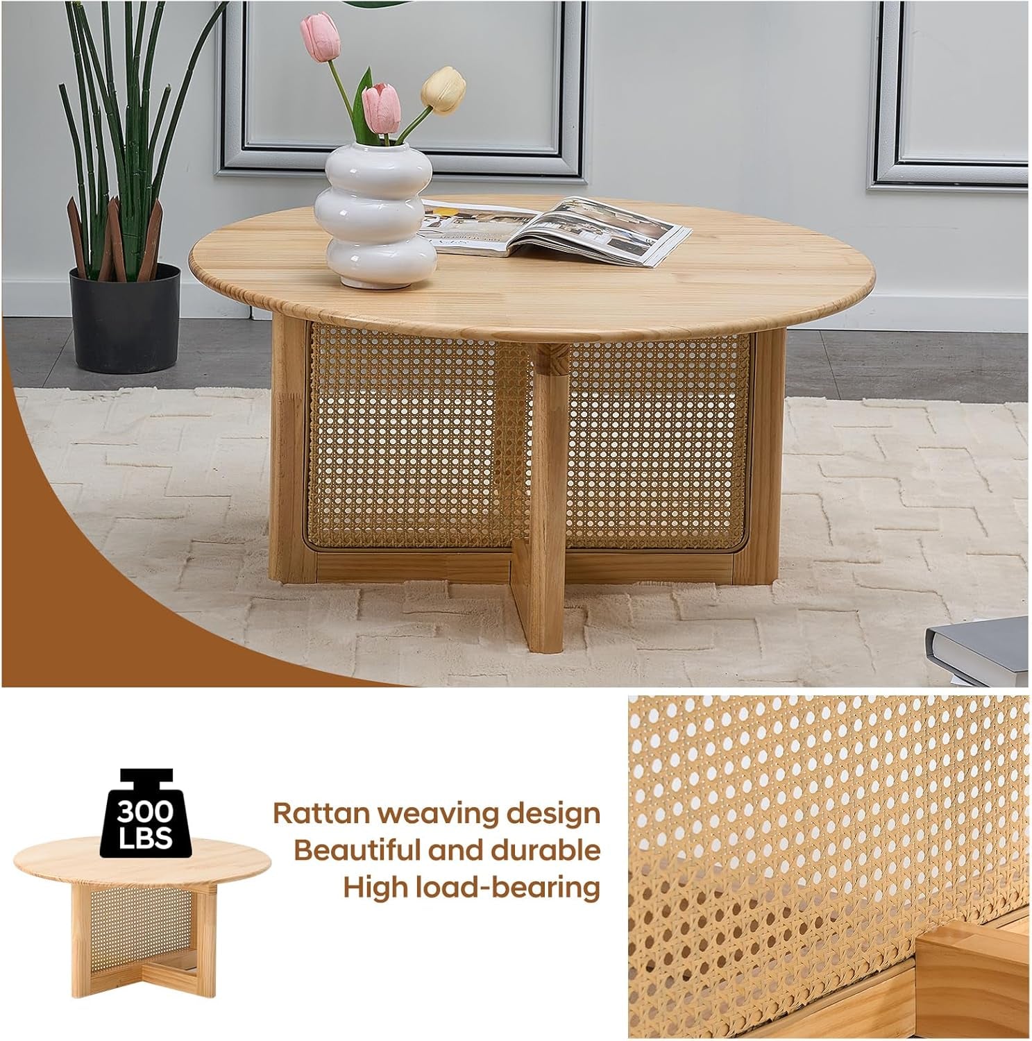 Rattan Coffee Table, 33 Inch Solid Wood Coffe Table with PE Rattan Stand, Unique Modern round Coffee Table for Living Room, Natural