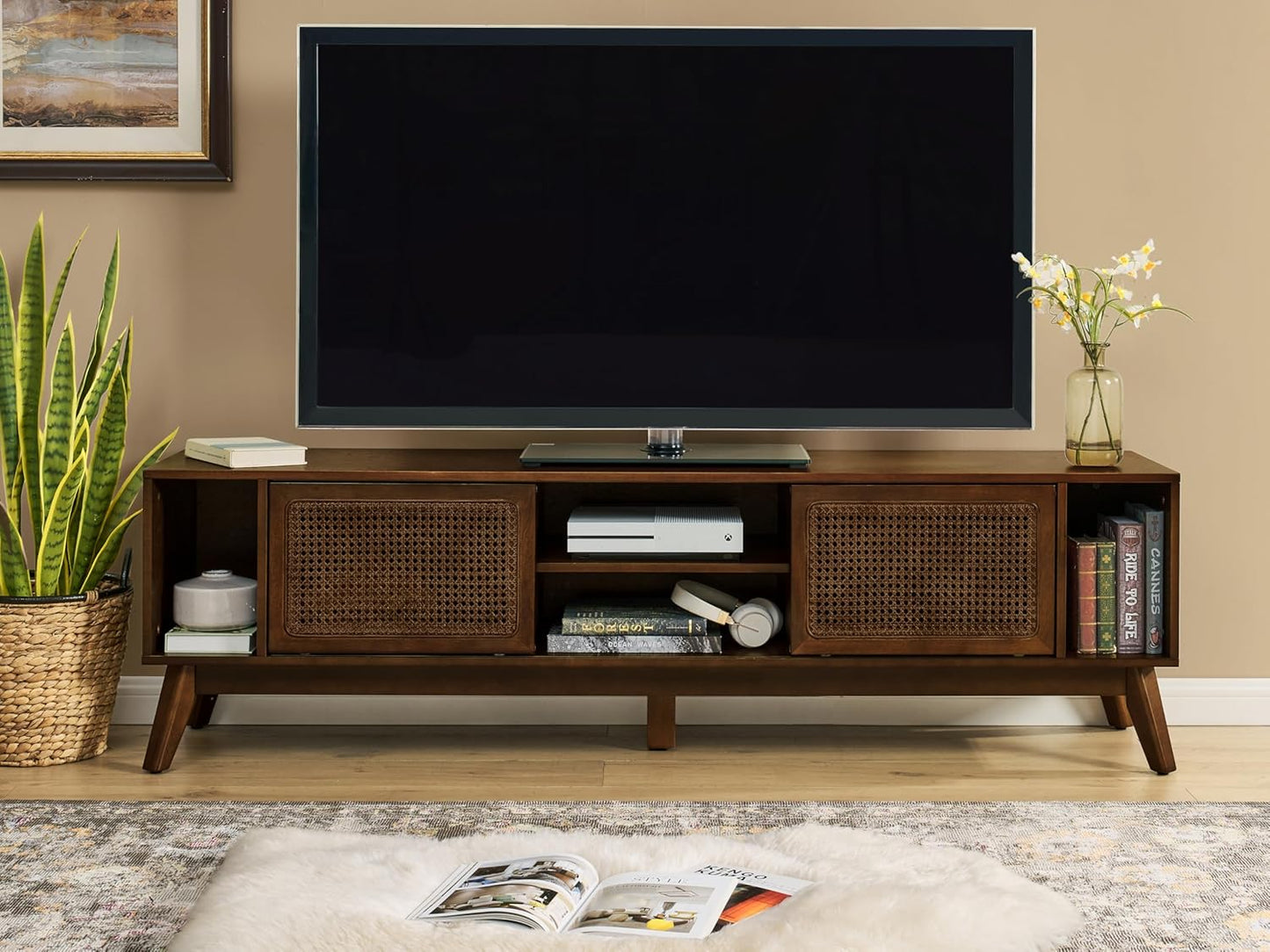 59 Inch Mid Century Modern TV Stand with Rattan Doors, Entertainment Center Media Console for 55/60/65 Inch TV, Boho/Mcm Television Stand for Living Room/Bedroom, Light Wood