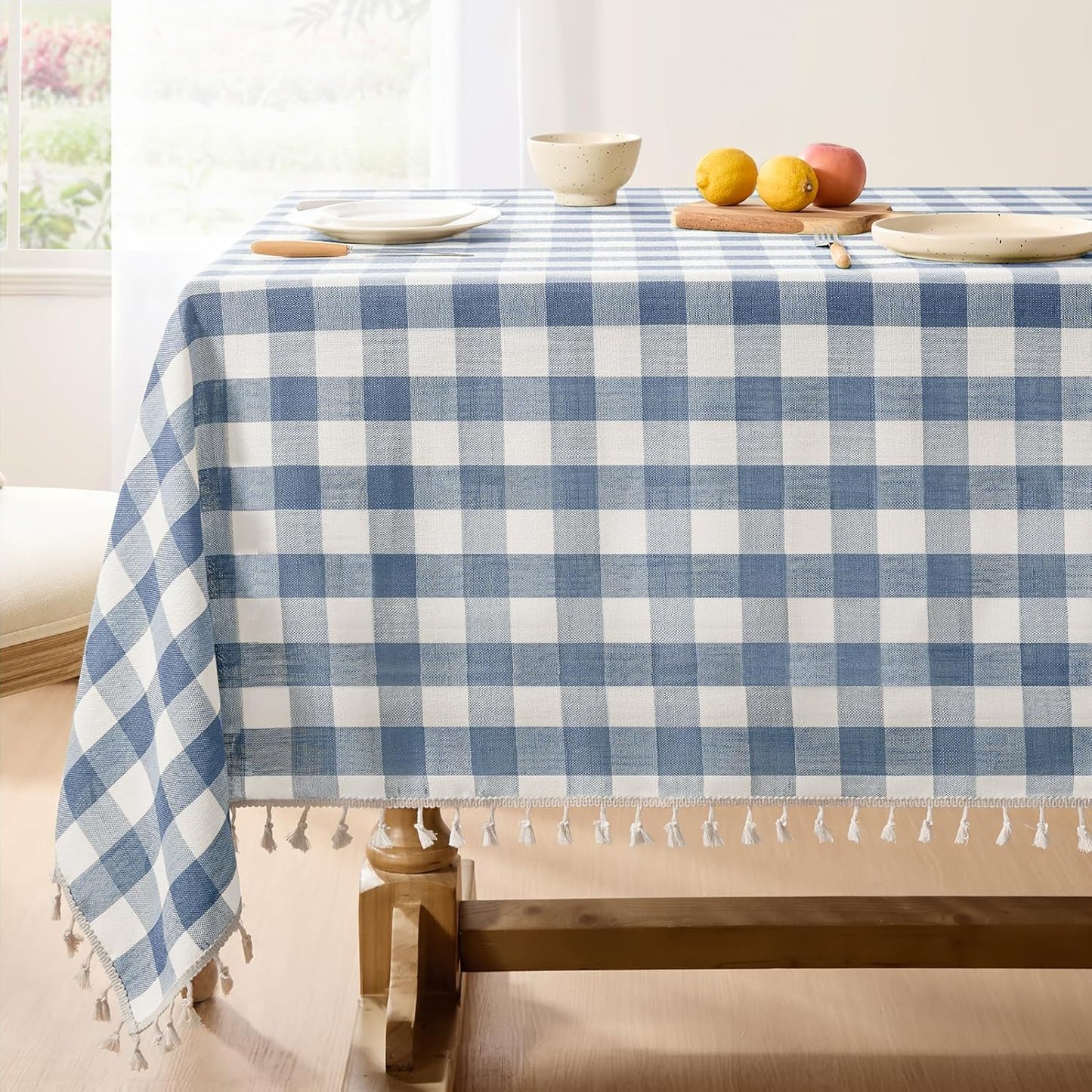 Checkered Tablecloth Rectangle, Heavy Weight Linen Gingham Christmas Table Cloth with Tassel, Washable Wrinkle Free Buffalo Plaid Table Cover for Dining/Party/Home - 55 X 84 Inch, Sage