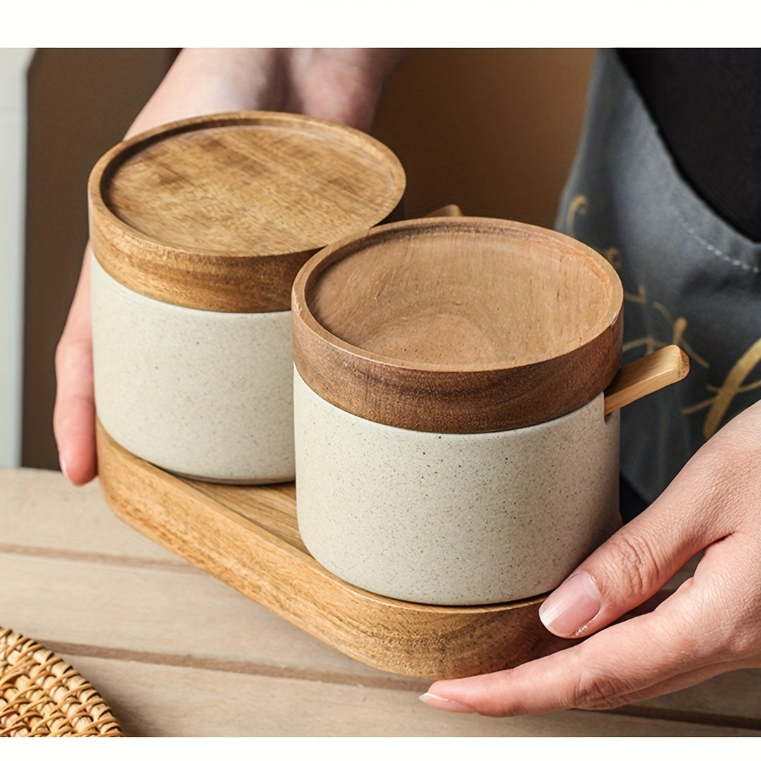 Minimalist Ceramic Spice Jar Set with Wooden Lid &amp; Spoon