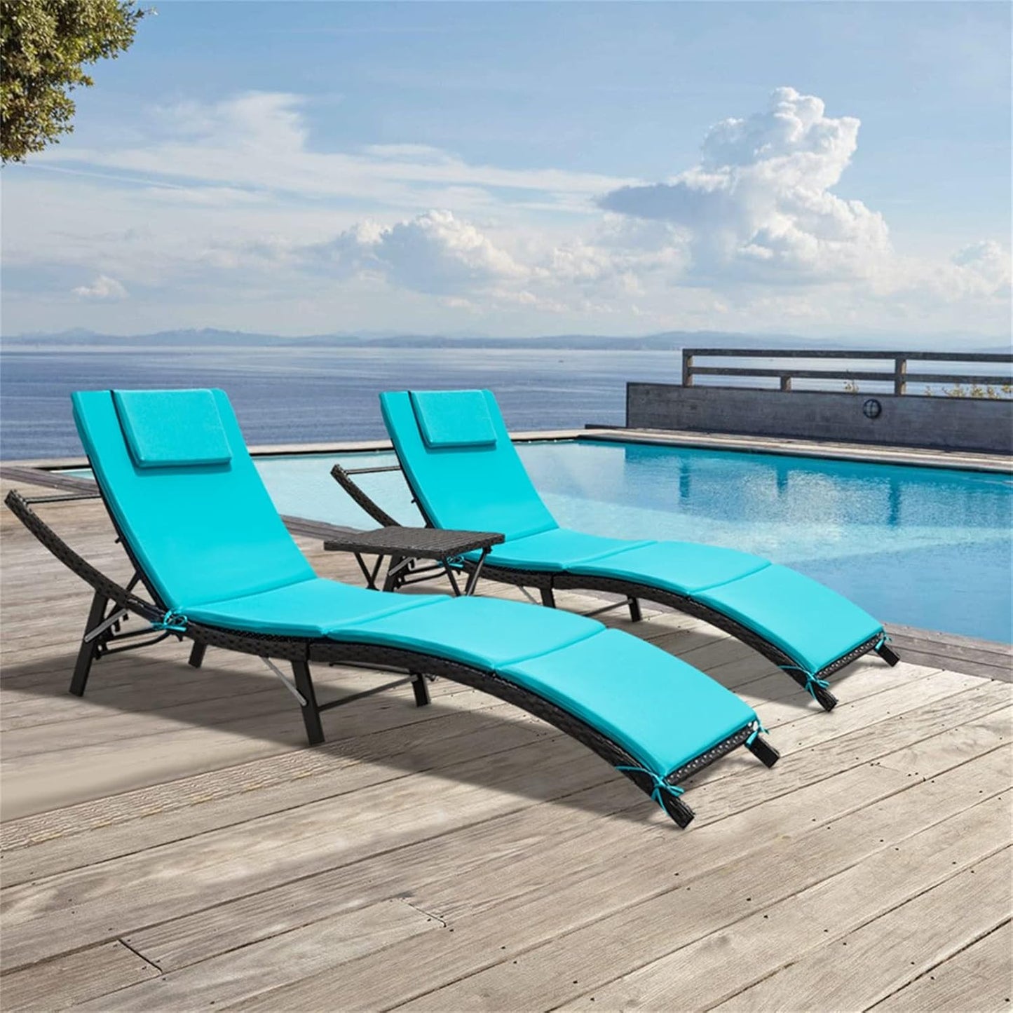 Lounge Chairs for outside 3 Pieces Patio Adjustable Chaise Lounge Outdoor Wicker Lounge Chairs Set of 2 with Table Folding Chaise Lounger for Poolside, Deck, Lawn (Beige)