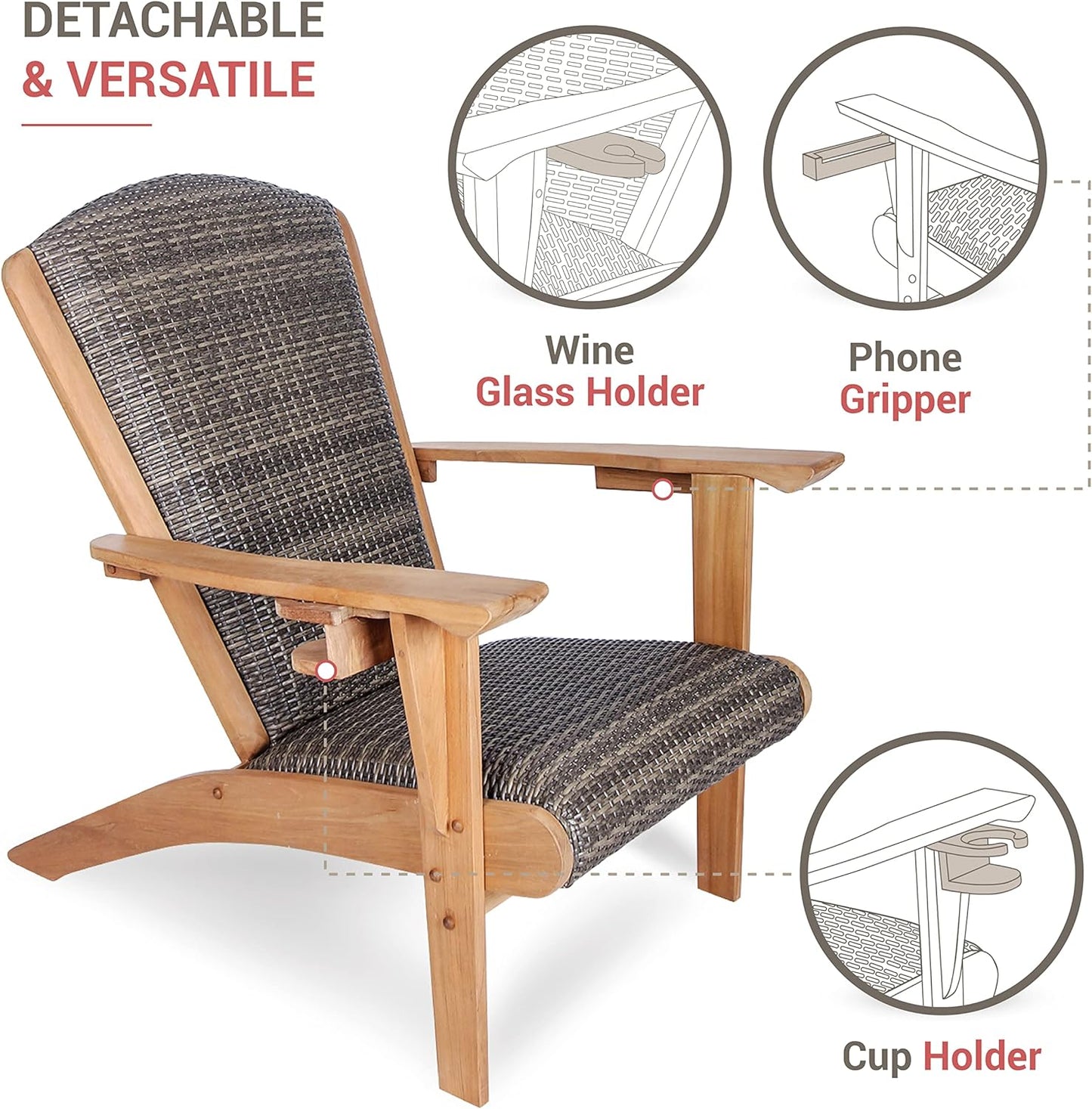 Auburn Padded Upholstered Outdoor Adirondack Chair, Teak Wood and All-Weather Wicker