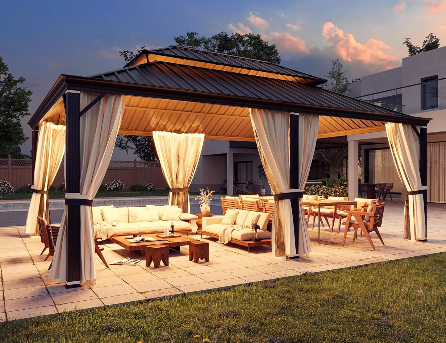 10' X 12' Hardtop Gazebo, Metal Gazebo with Aluminum Frame, Double Galvanized Steel Roof, Curtains and Netting Included, Pergolas for Patios, Garden, Parties, Lawns