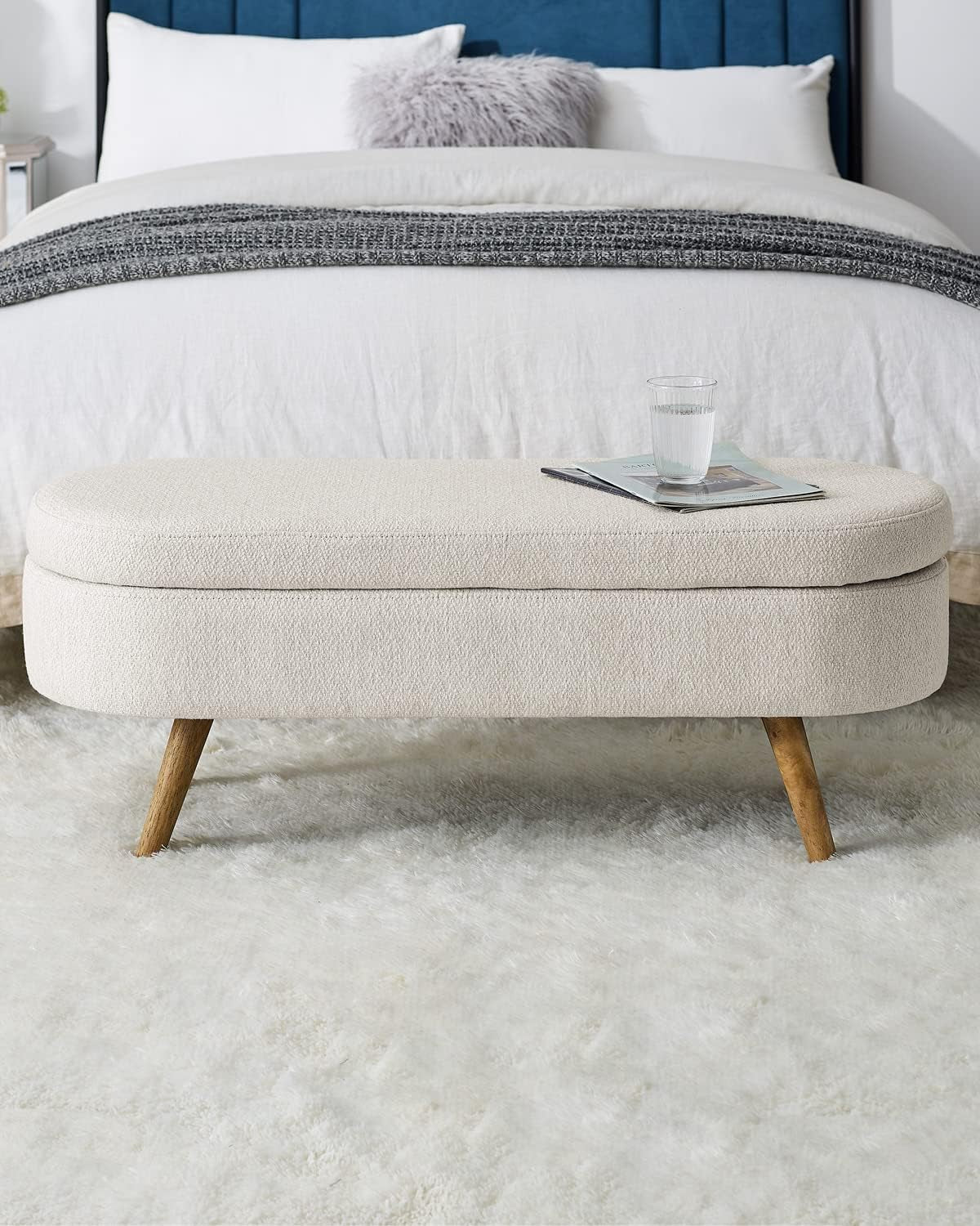 Oval Storage Bench 43.5" Linen Fabric Upholstered Entryway Bench with Solid Wood Legs Ottoman Bench Indoor Bench for Living Room/Bedroom/End of Bed/Entryway (Beige)