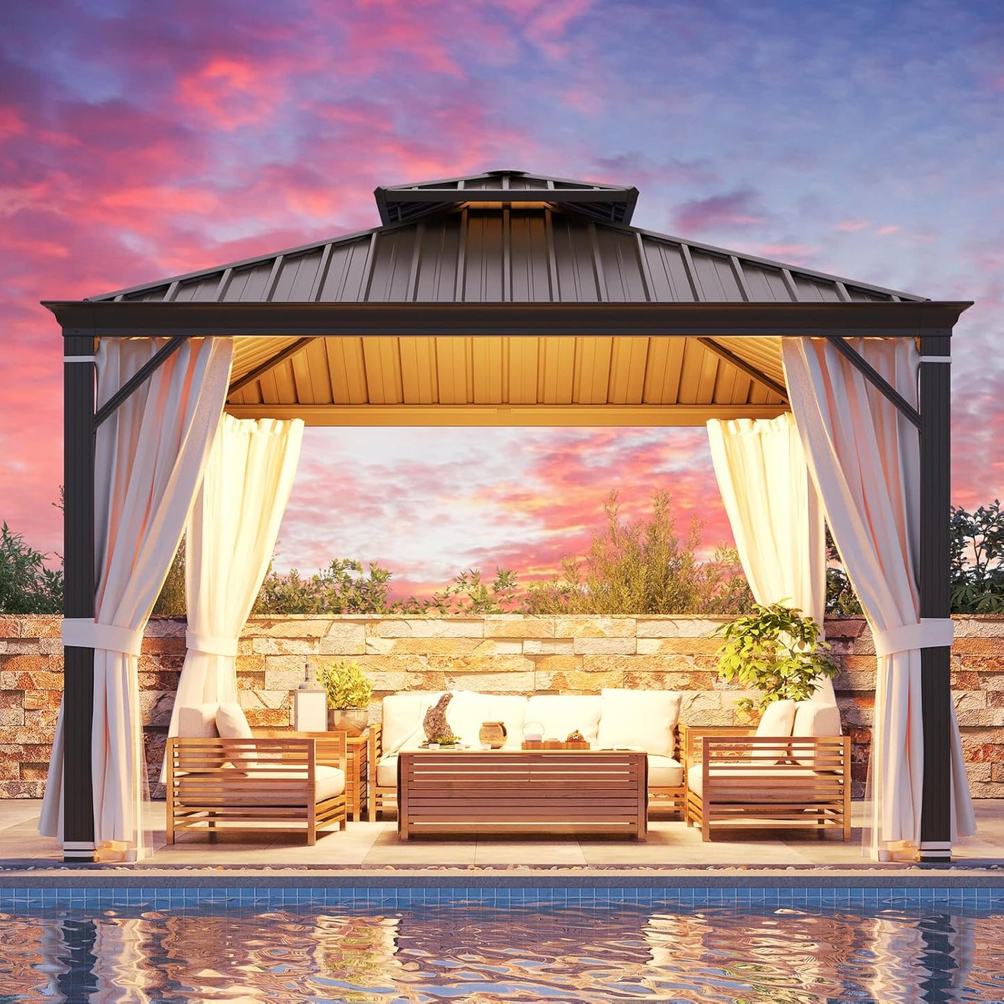 10' X 12' Hardtop Gazebo, Metal Gazebo with Aluminum Frame, Double Galvanized Steel Roof, Curtains and Netting Included, Pergolas for Patios, Garden, Parties, Lawns