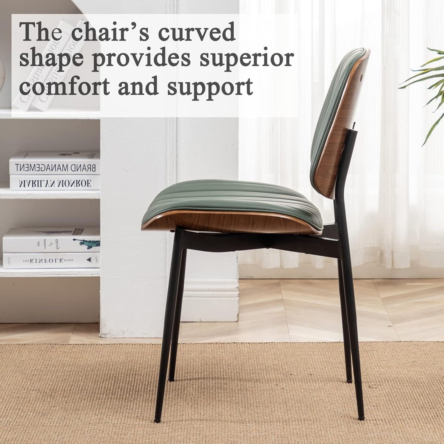 Dining Chairs Set of 2 Mid Century Modern Retro Faux Leather Chair with Walnut Bentwood Upholstered Seat Metal Legs Chairs,Adjustable Foot for Kitchen Dining Room Chairs(Green)