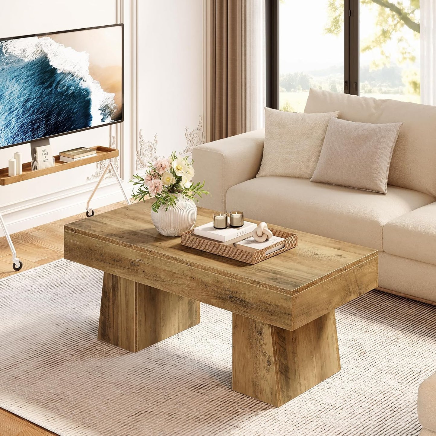 Farmhouse Coffee Table, 47 Inches Wooden Rectangular Accent Center Tables with Thick Base, Modern Low Cocktail Tea Furniture for Living Room (Rustic Brown)