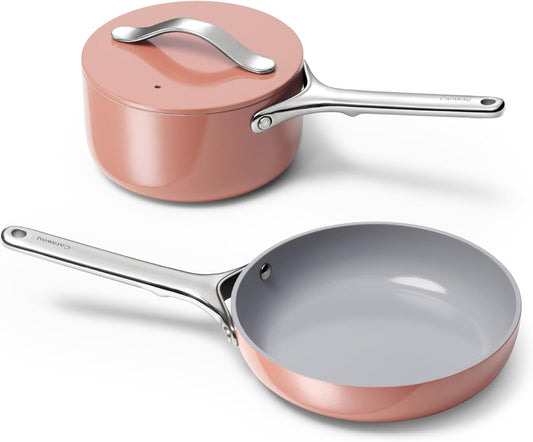 Mini Cookware Set - Non-Stick Ceramic Fry Pan (1.05 Qt, 8") & Sauce Pan (1.75 Qt) - Non Toxic, PTFE & PFOA Free - Oven Safe & Stovetop Agnostic (Gas, Electric & Induction) - Perracotta