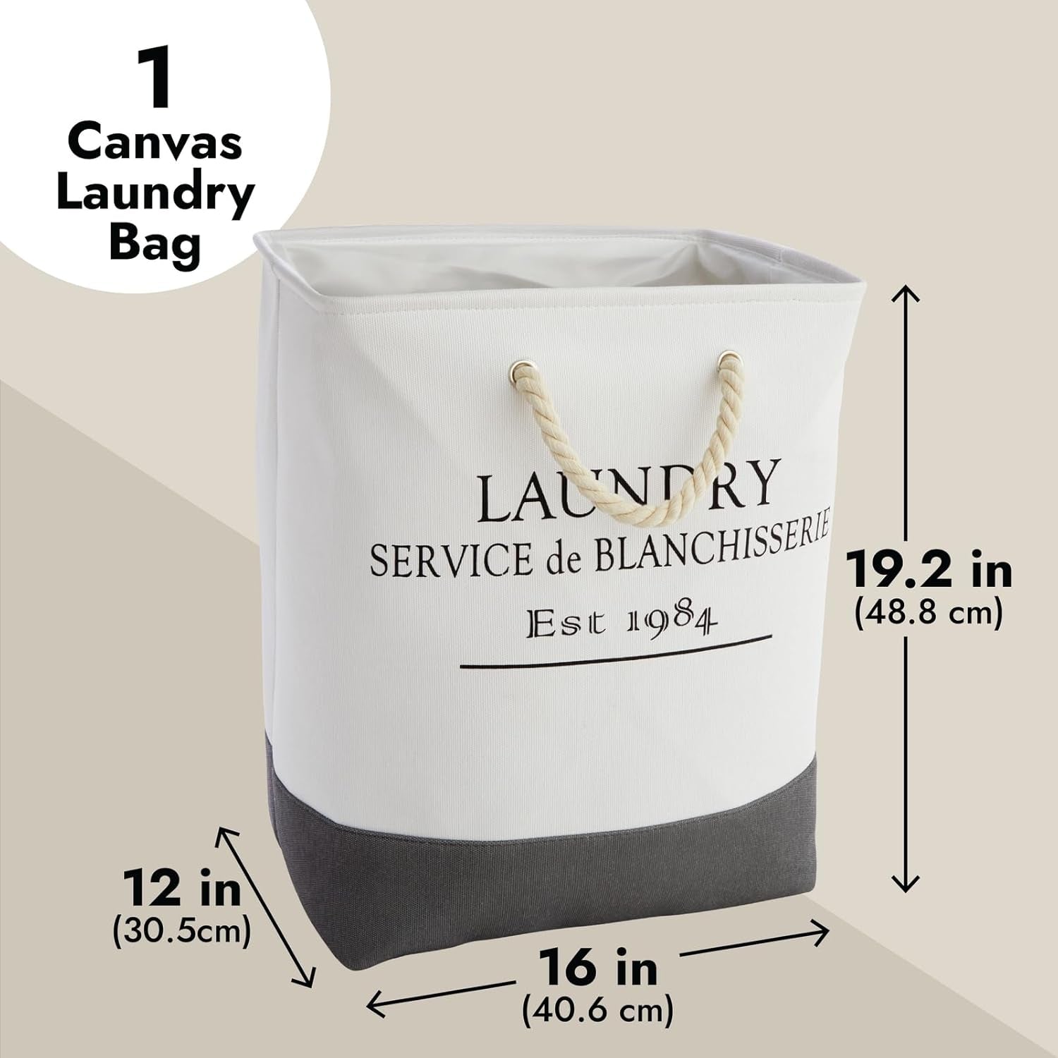 Canvas French Laundry Hamper - White and Gray Square Canvas Laundry Basket with Handles for Bathroom and Bedroom - Dry Cleaning Basket for Clothes, 60L (12 X 16 X 19.2 Inches)