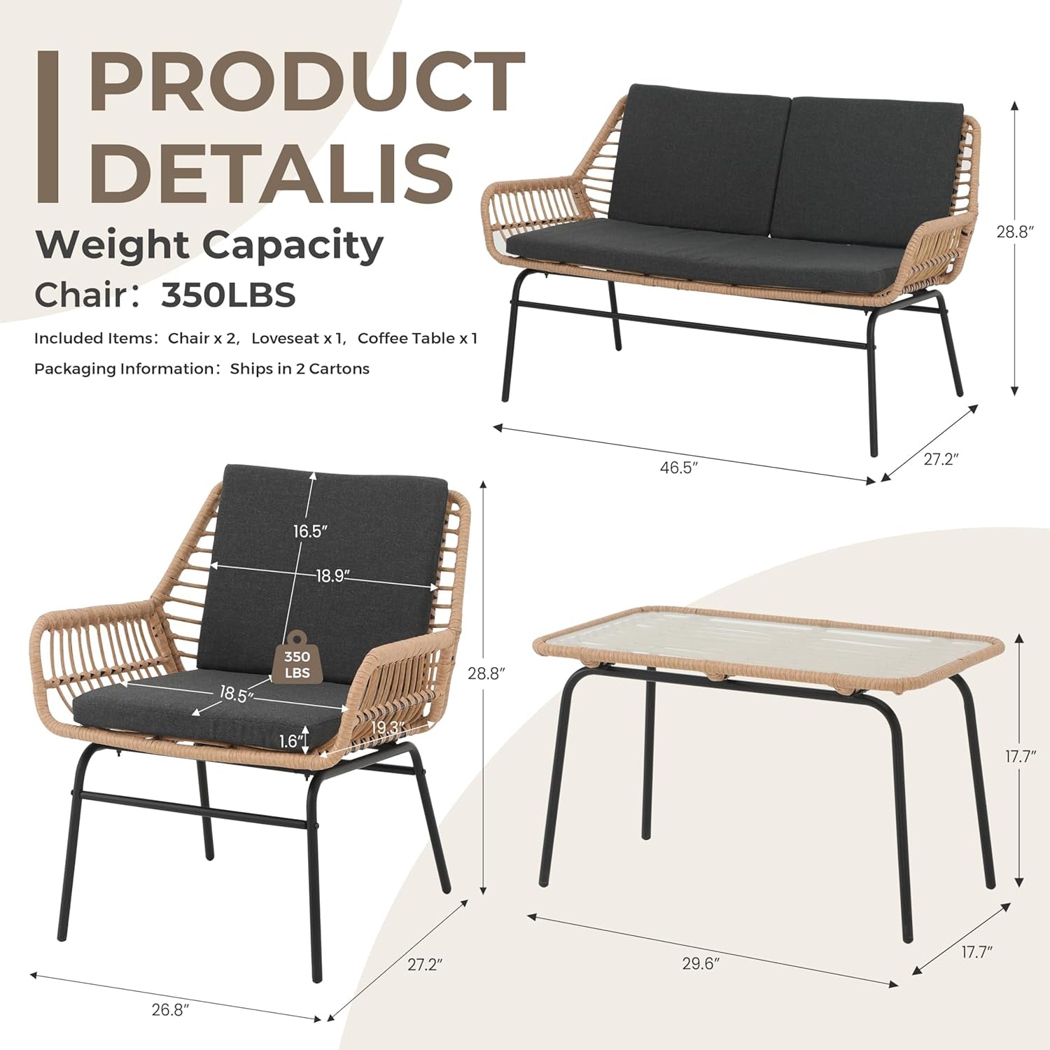 3 Piece Outdoor Patio Furniture Set, Rattan Conversation Sets, All-Weather Wicker Chairs with Cushions and Coffee Table, for Garden Balcony Courtyard Poolside