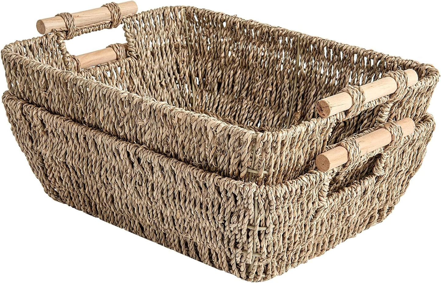 Hand-Woven Large Storage Baskets with Wooden Handles, Water Hyacinth Wicker Baskets for Organizing, 2-Pack