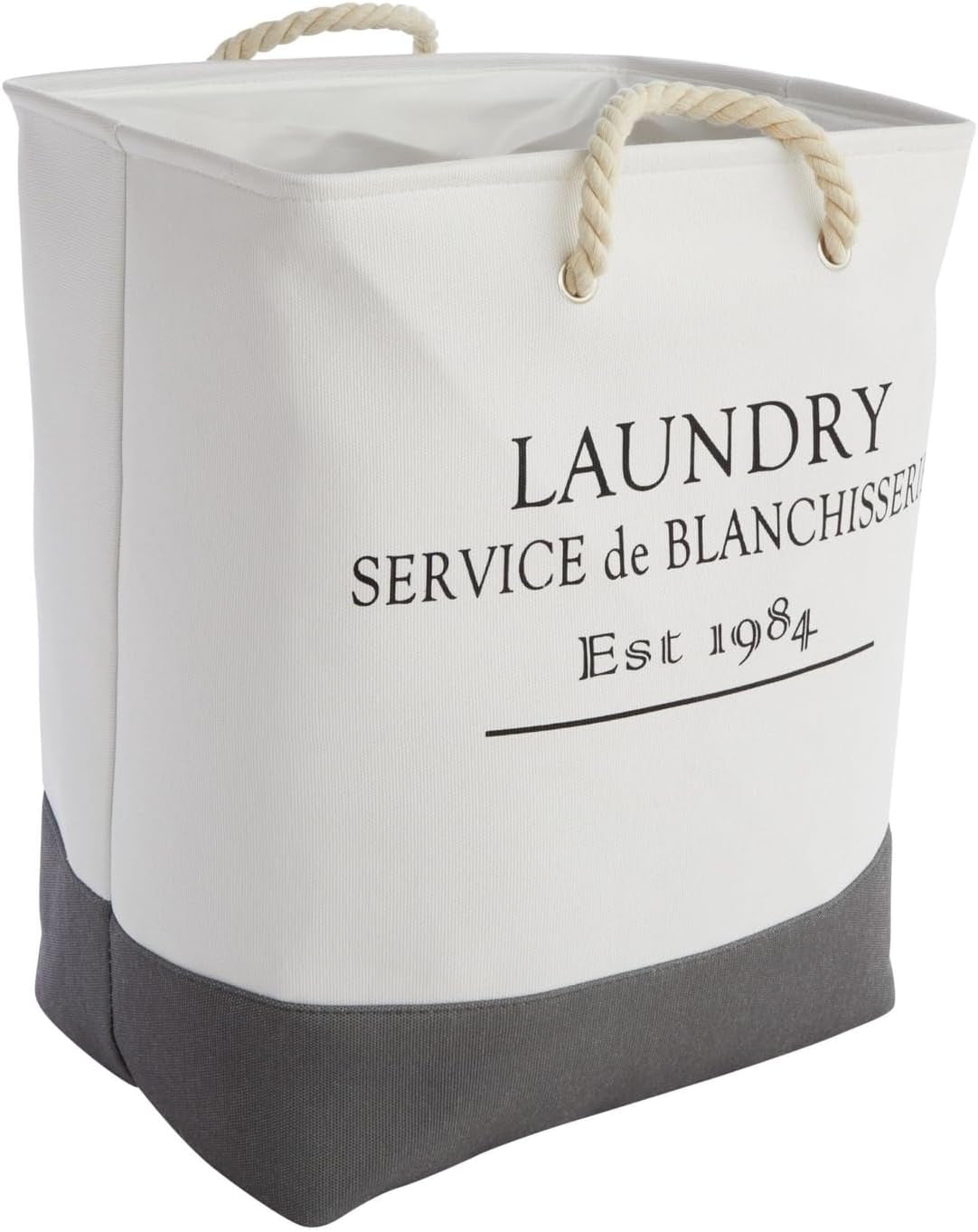 Canvas French Laundry Hamper - White and Gray Square Canvas Laundry Basket with Handles for Bathroom and Bedroom - Dry Cleaning Basket for Clothes, 60L (12 X 16 X 19.2 Inches)